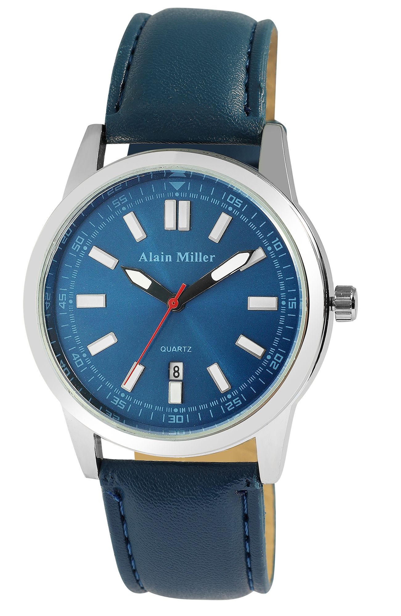 Alain Miller Herrenuhr mit Lederimitationsband, blau/ silberfarben