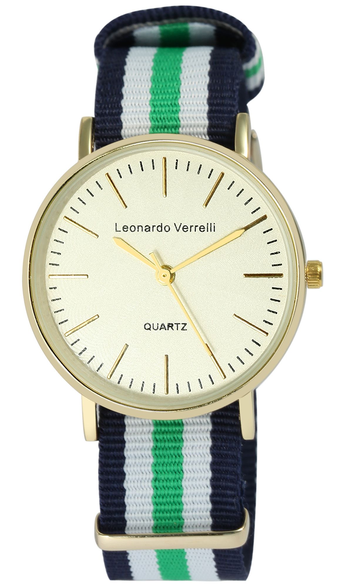 Leonardo Verrelli Unisexuhr mit Textilarmband, blau weiß grün goldfarbig
