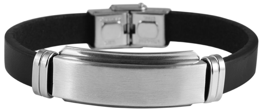 "Majid", Echtlederarmband, Edelstahlgravurplatte, schwarz/silberfarben, 21,5 cm