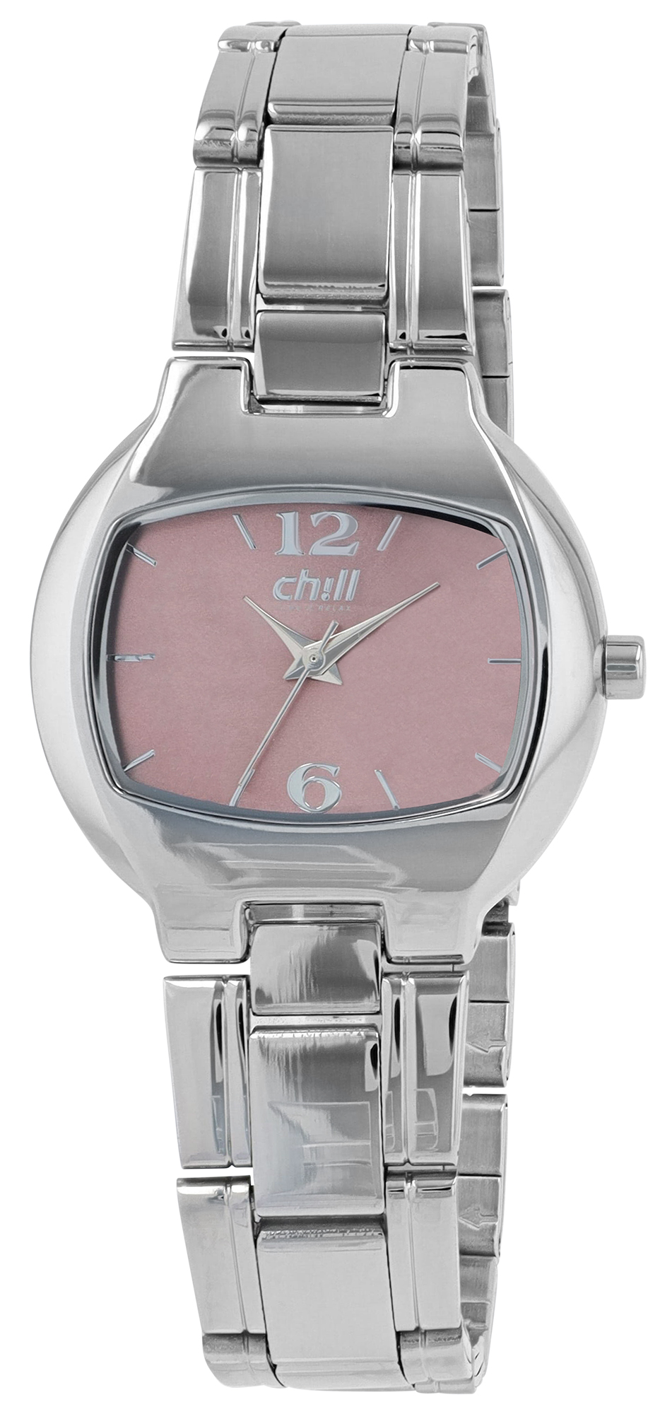 Chill, Damenuhr mit Edelstahlband, rechteckig, silberfarben/ rosa