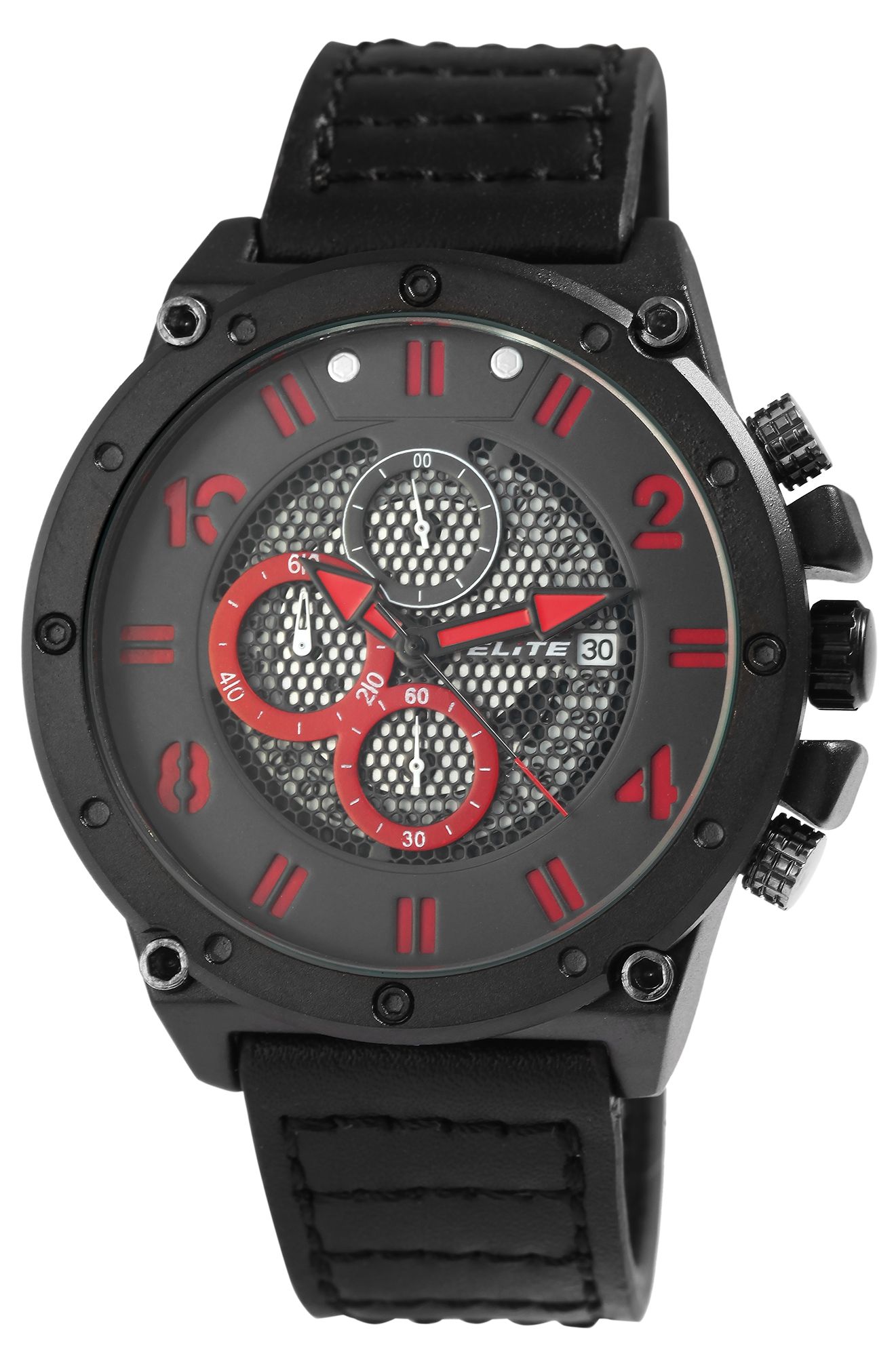 ELITE Herrenchronograph mit Echtlederarmband, schwarz/rot
