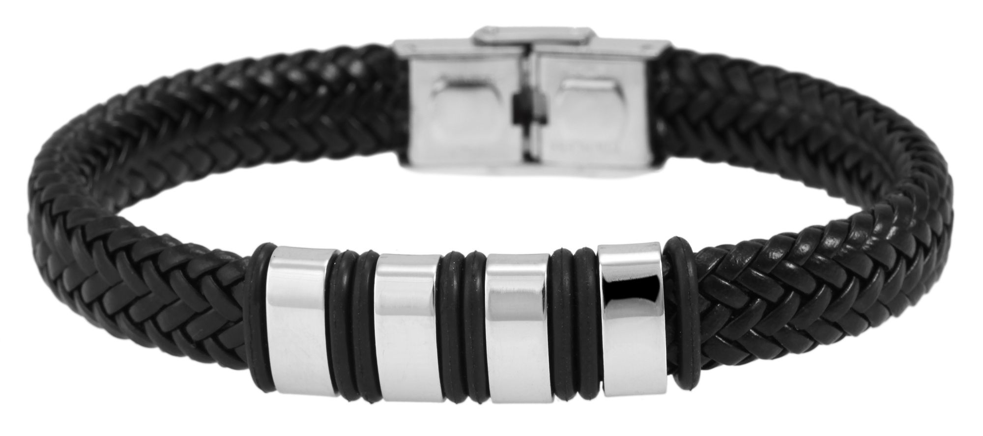 "Geri", Akzent Echtlederarmband, geflochten mit Edelstahlelementen, schwarz/silberfarben