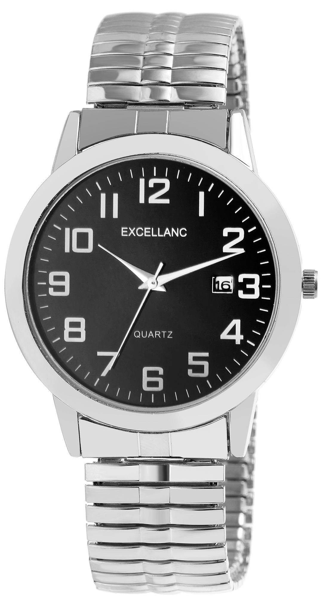 Excellanc Herrenuhr mit Edelstahlzugarmband, Datumsanzeige, silberfarben/schwarz
