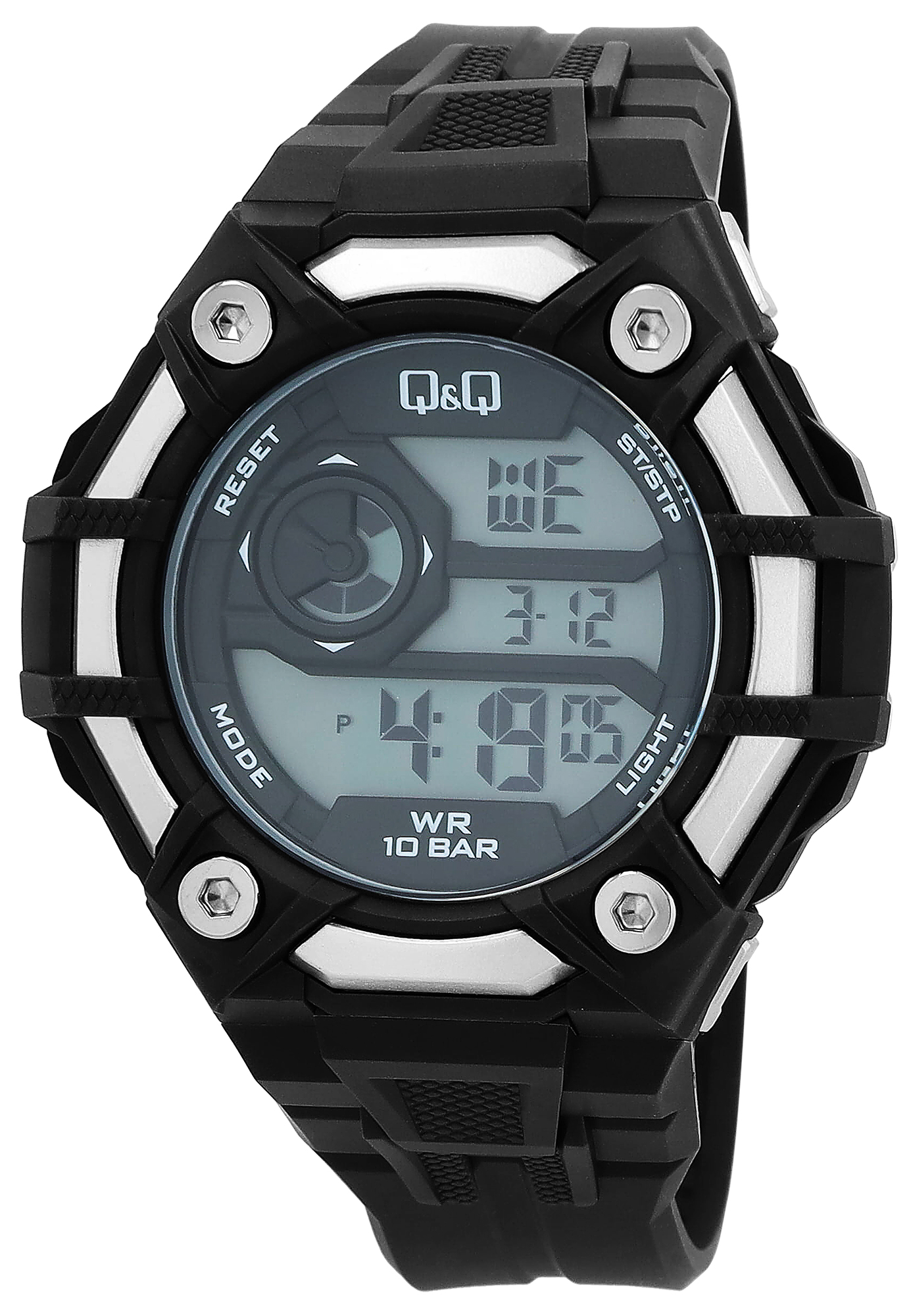 Q&Q Herren Digitaluhr, Silikonarmband, multifunktion, sportlich, schwarz/silberfarben