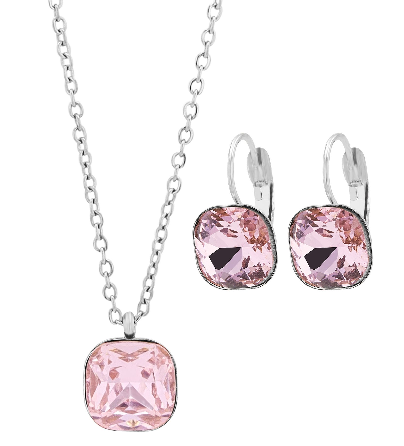 "Lia" - Schmuckset, Kette (45cm) mit Anhänger und Ohrhänger, Edelstahl, Silber + Rosa