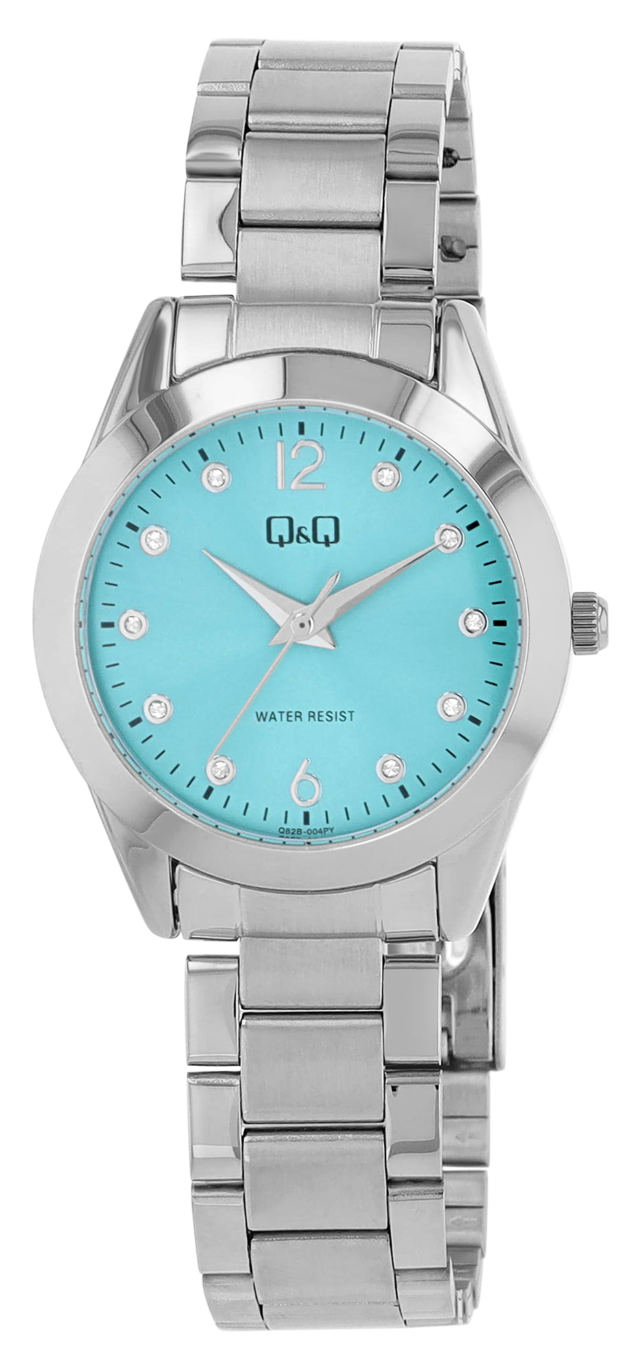 Q&Q Damenuhr mit Edelstahlband, Ø 34 mm, silberfarbe/ türkis
