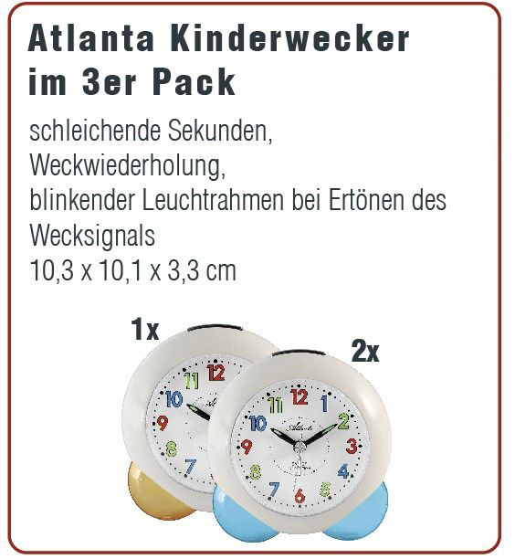 3 Stück Atlanta Kinderwecker, Quartz, 1x weiß/gelb, 2x weiß/blau