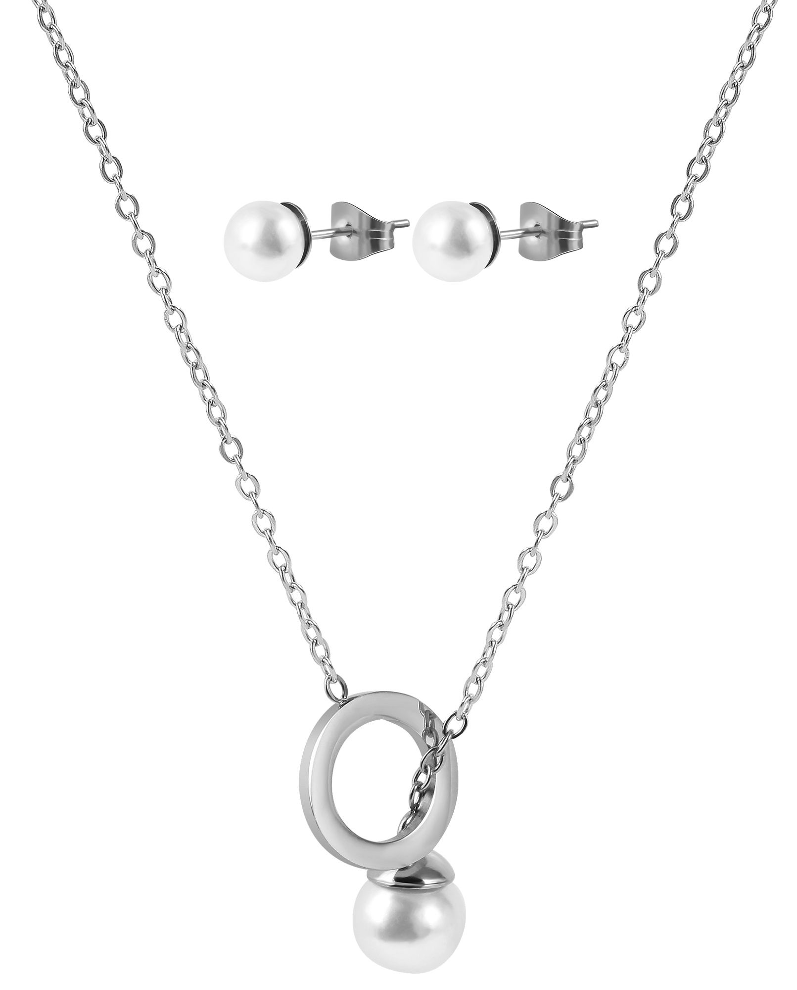 Akzent Schmuckset, Kette und Ohrstecker, Edelstahl, Perle, silberfarben