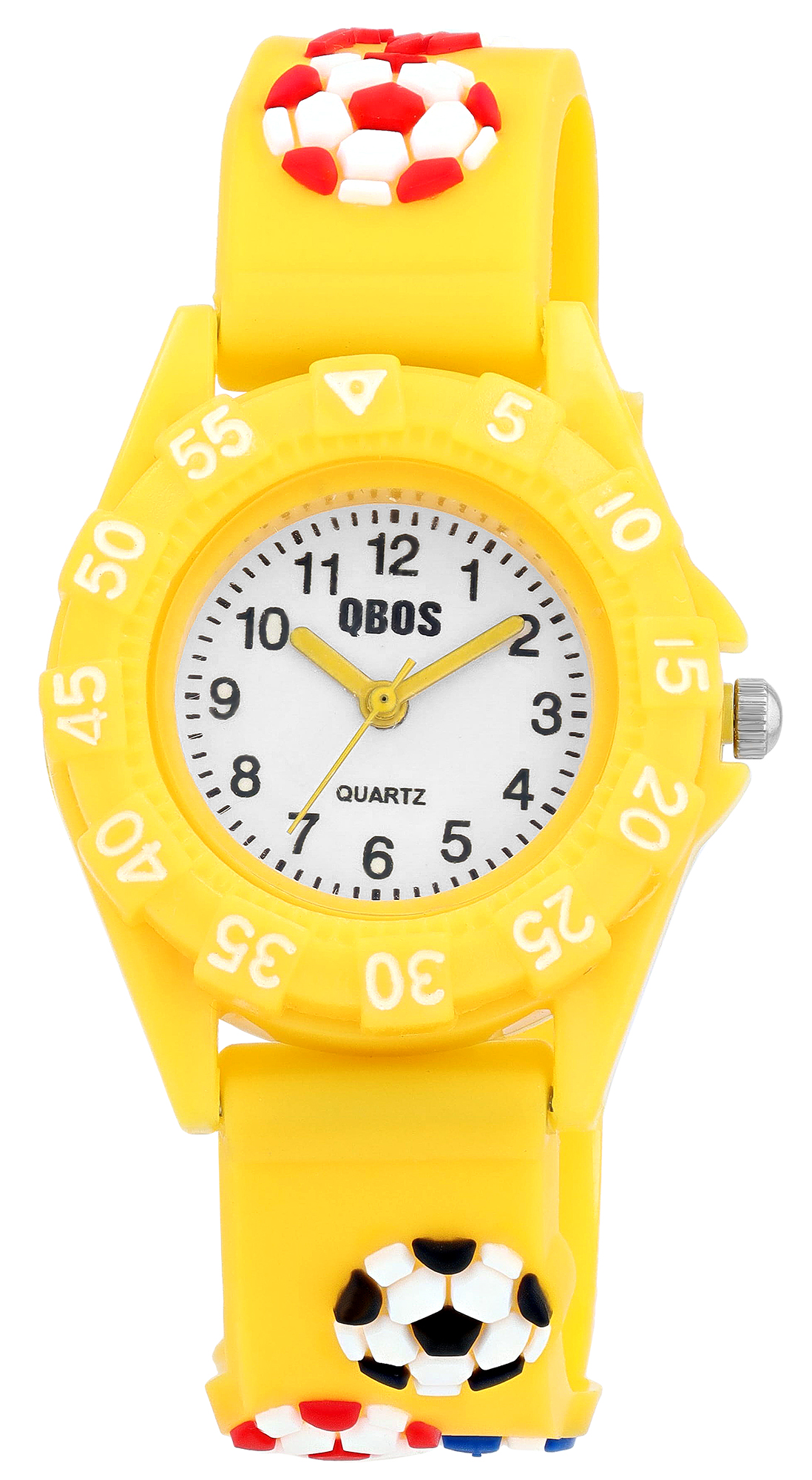 Qbos Kinderuhr mit Silikonband, Motiv Fußball, Ø 28 mm, gelb