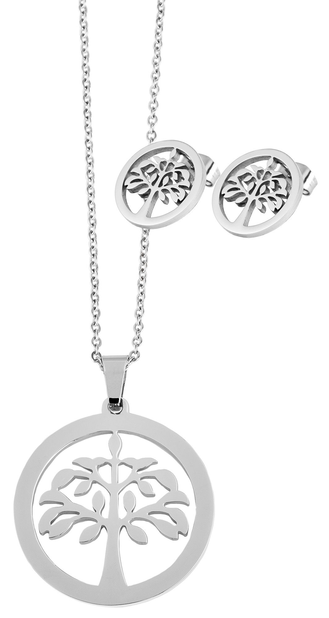 Akzent Edelstahl Schmuckset, Lebensbaum Kette + Ohrstecker, 45+5 cm, silberfarbig