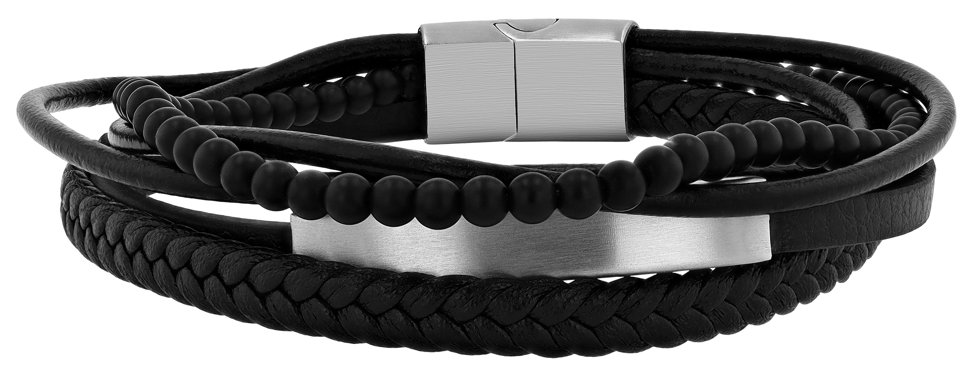 "Aegir" Armband, Gravurplatte, Lederimitat/ Edelstahl/ Onyx, schwarz/silberfarbig, 23 cm