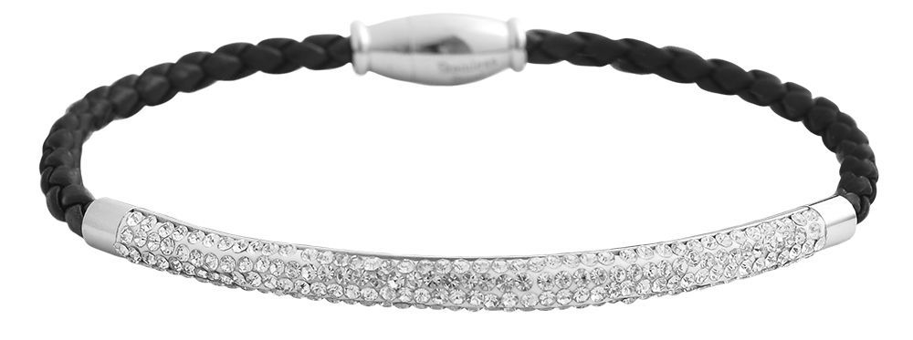 Akzent Armband aus geflochtenem Leder und Edelstahlelementen, Similibesatz, schwarz/silberfarbig