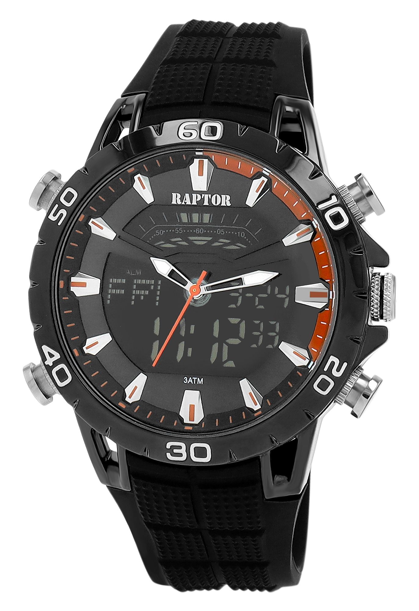 Raptor Herrenuhr "Nero", Silikonarmband, analog/digitale Anzeige, schwarz/orange