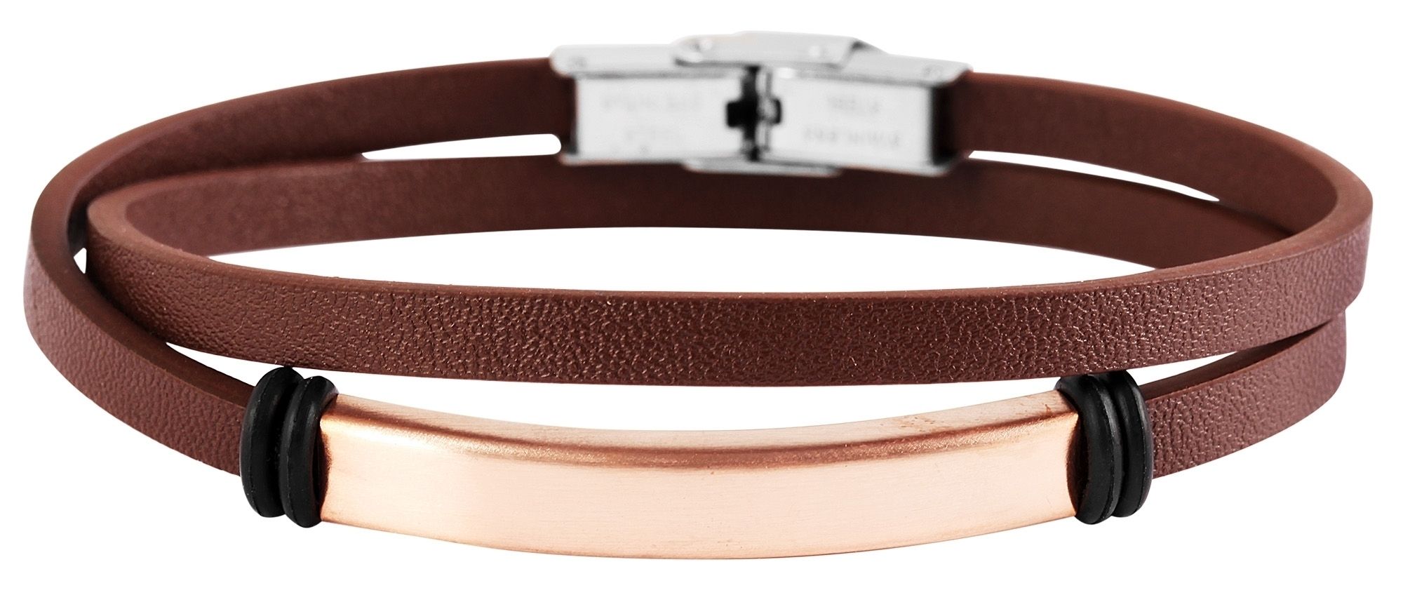 Akzent Wickelarmband aus Echtleder mit Edelstahlgravurplatte, 42 cm, braun/roségoldfarben