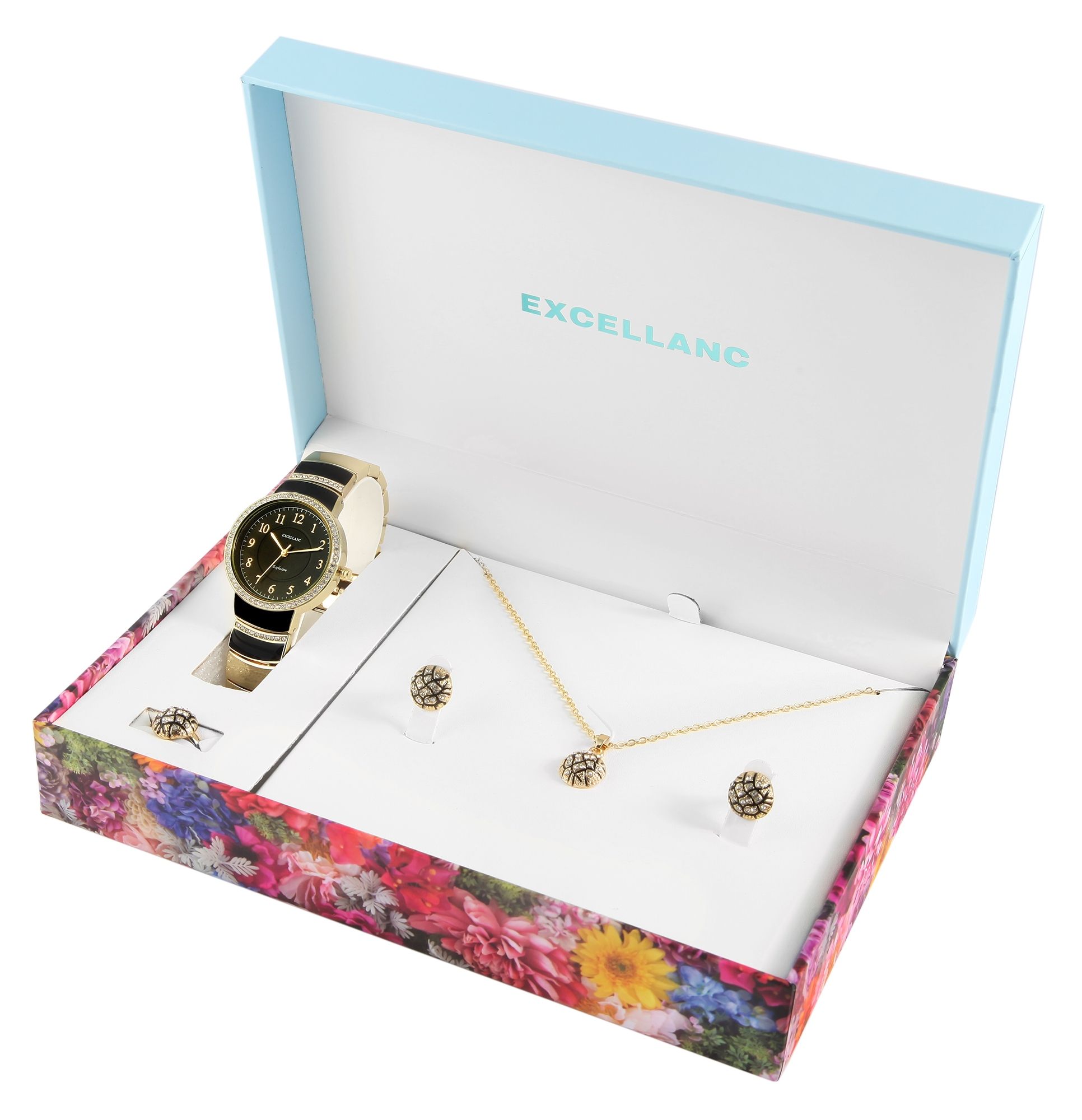 Excellanc Geschenkset mit Damenuhr, Halskette, Ring und Ohrsteckern, goldfarben/schwarz