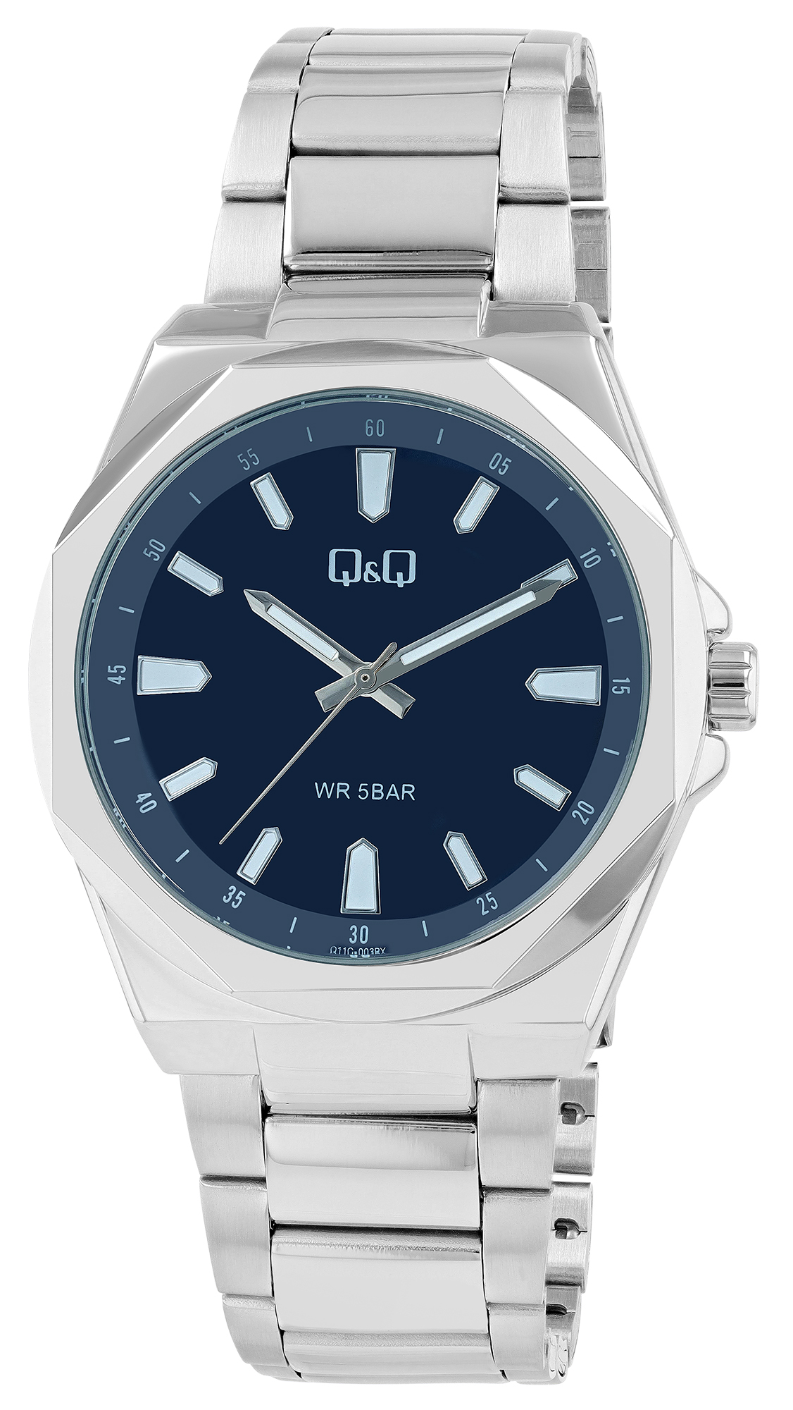 Q&Q Herrenuhr mit Edelstahlband, Ø 42 mm, silberfarben/ blau