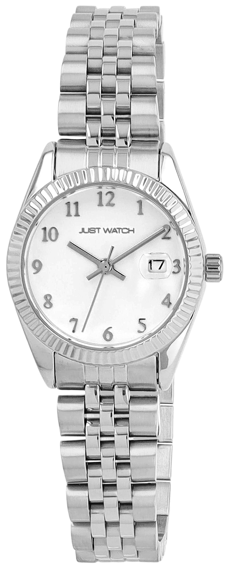 JUST WATCH Damenuhr "Else" mit Edelstahlband Gliederarmband, Datumsanzeige, Ø 27 mm, 5 ATM, silberfarben/weiß