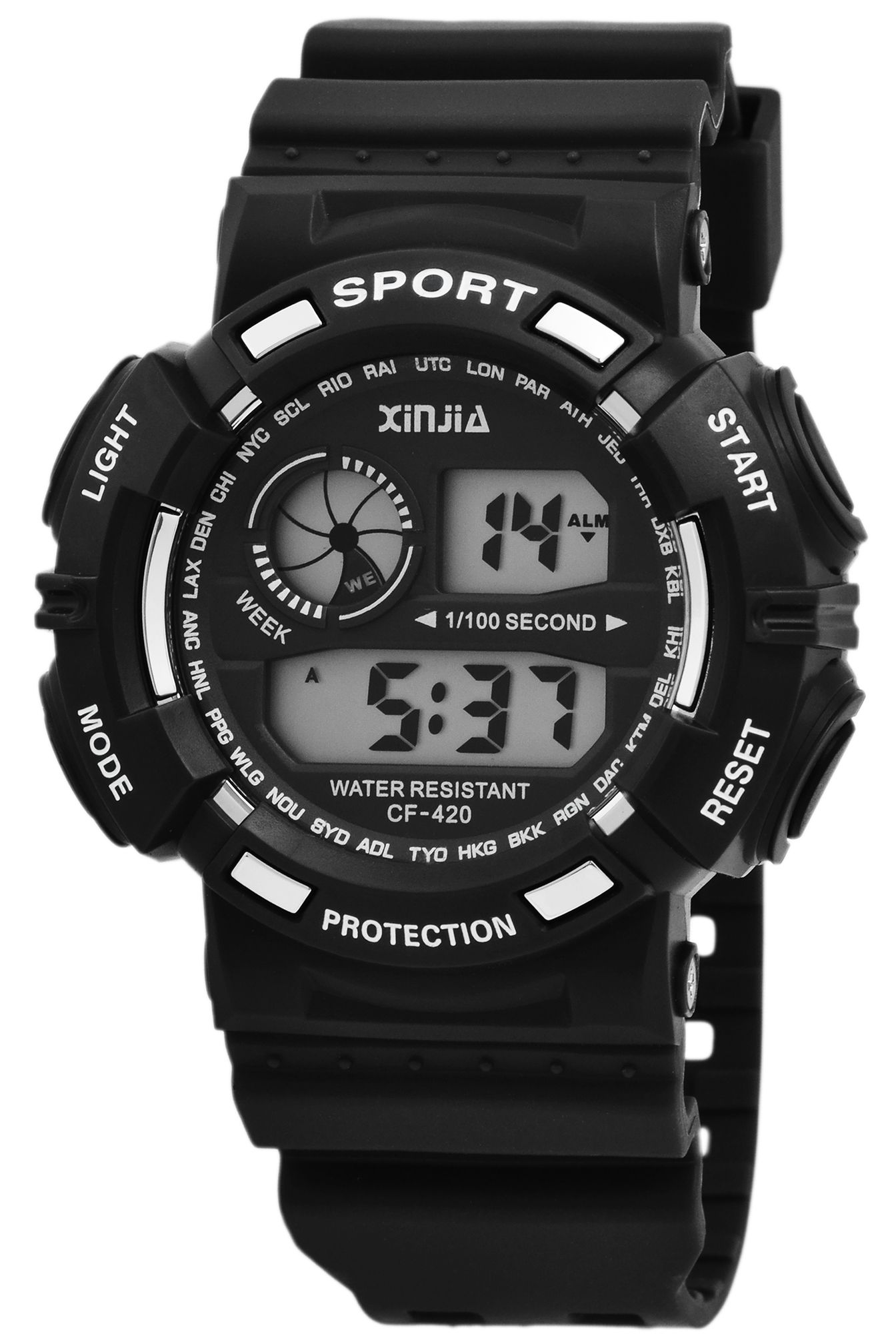 XINJIA Herren Digitaluhr Ø 52 mm, Kunststoff/ Silikonband, schwarz/weiß