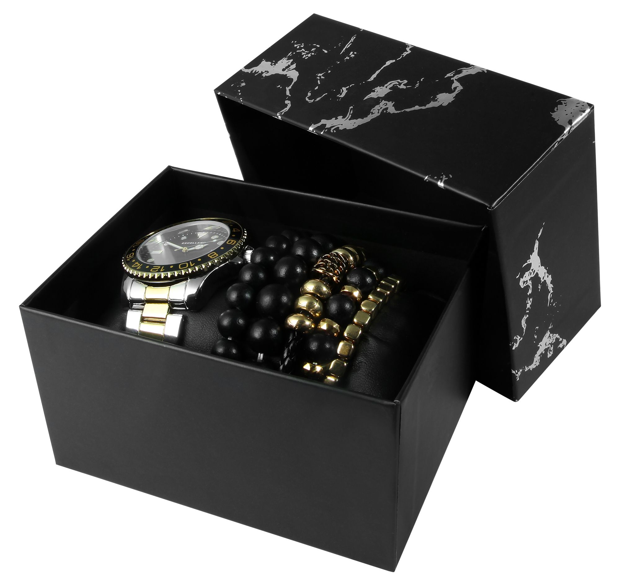 Excellanc Geschenkset Herrenarmbanduhr und fünf Armbänder, bicolor/schwarz