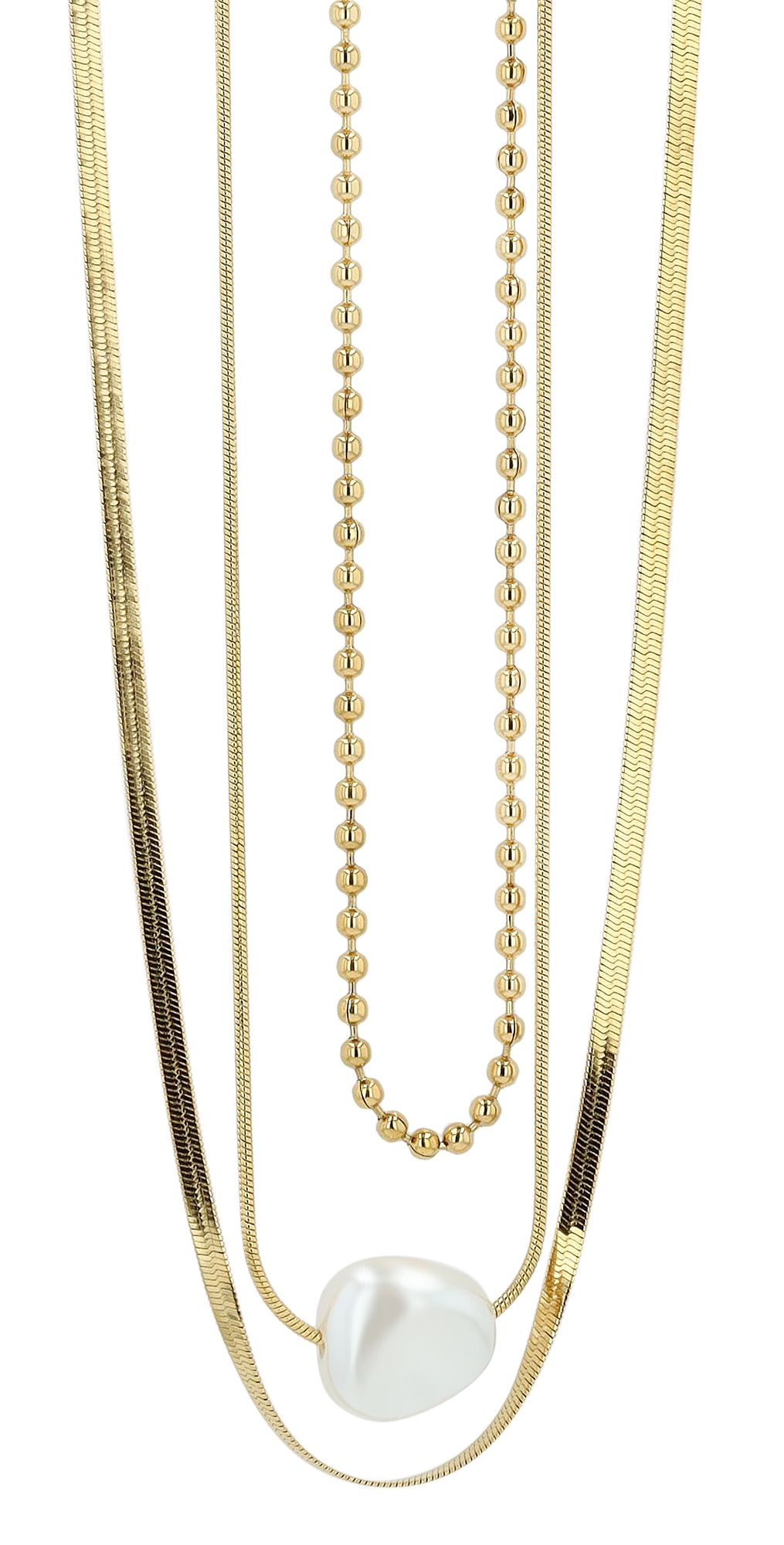 Akzent Layering-Halskette mit Perle, dreireihig, ionenplattiert, goldfarben