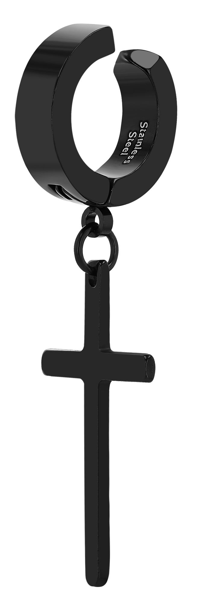 "Odeli" Clip-On Einzel-Creole mit Anhänger - Kreuz, Edelstahl, schwarz