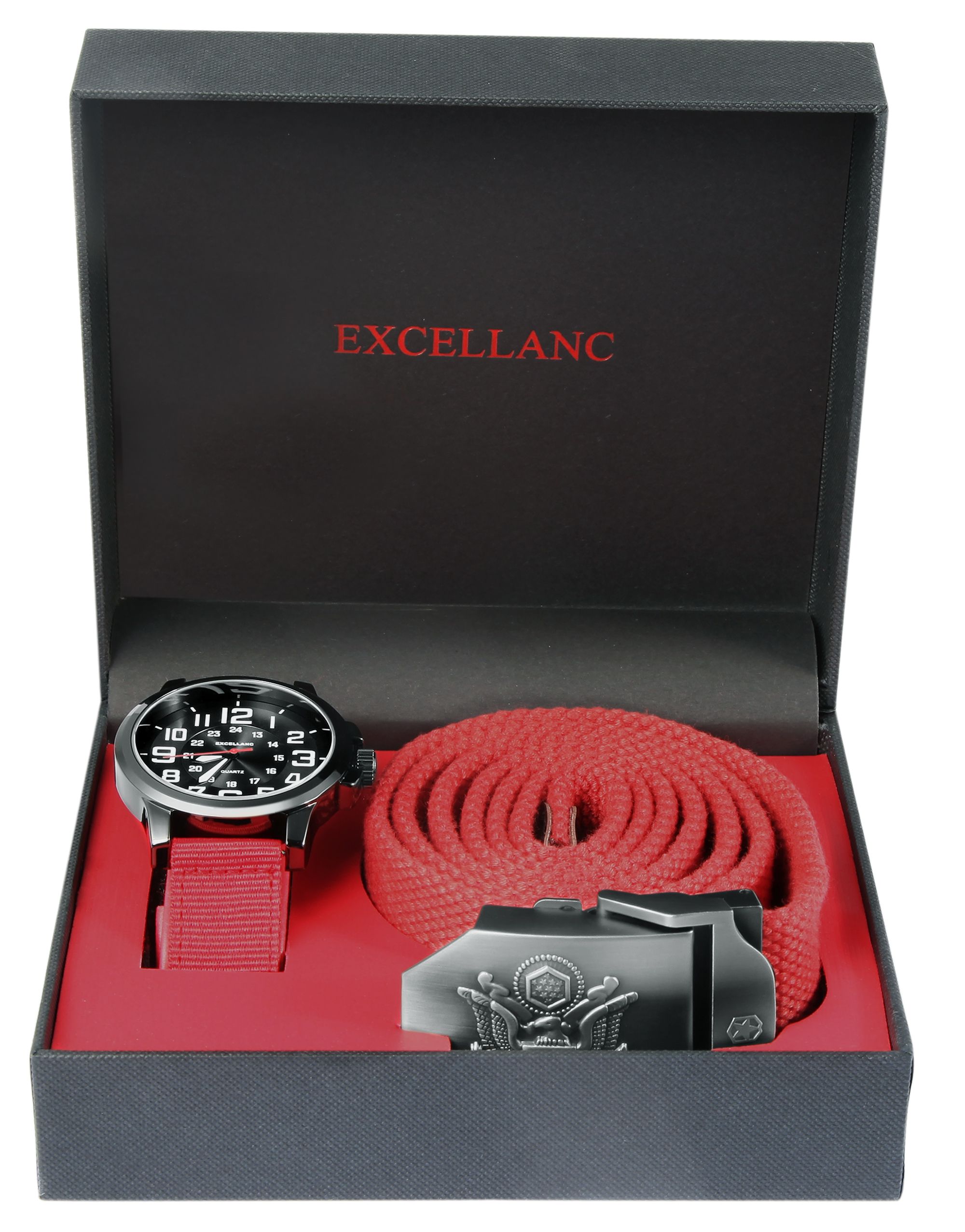 Excellanc Geschenkset mit Herrenarmbanduhr und Gürtel, rot