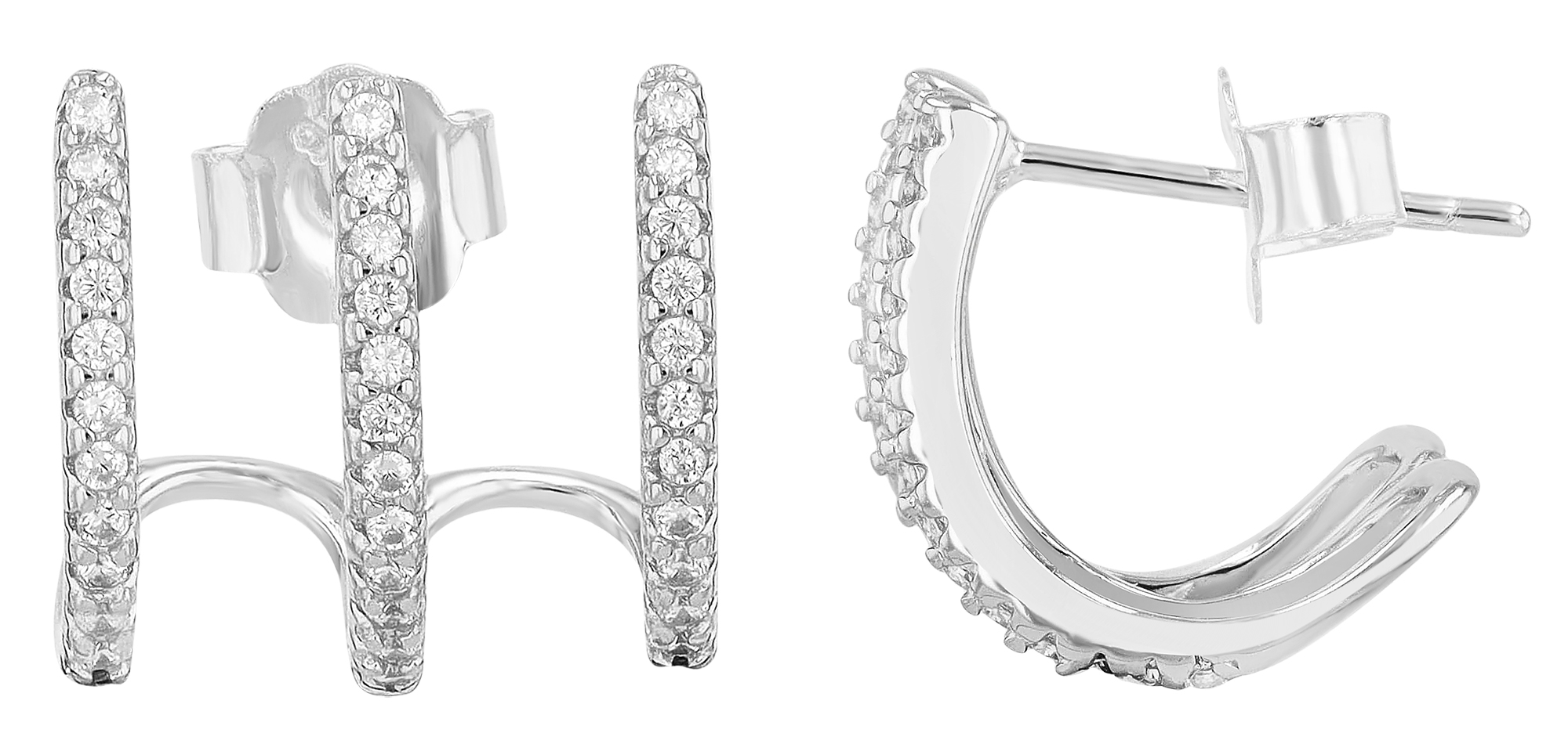 "Eli" 925/- Echt Silber Dreifach Halbcreole mit Stecker, Zirkonia, silberfarben, rhodiniert