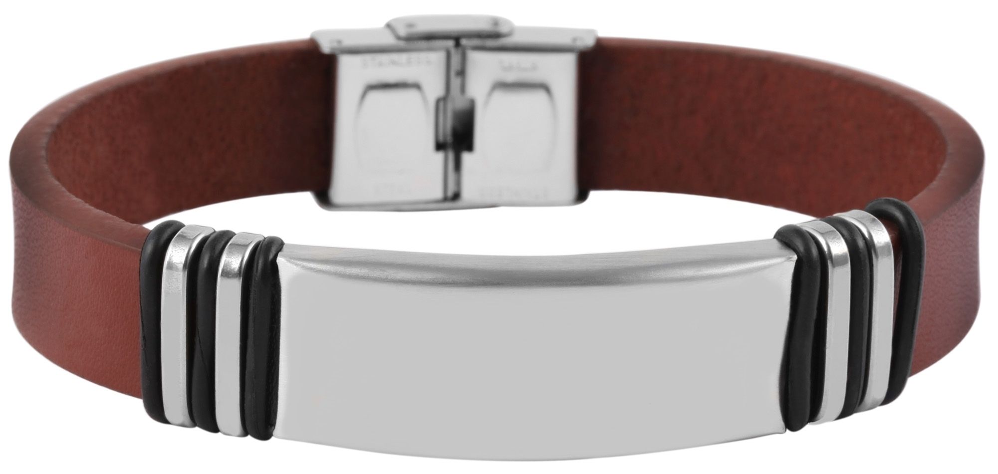 "Tim" Echtlederarmband mit Gravurplatte, 21 cm, mittelbraun/ silberfarben
