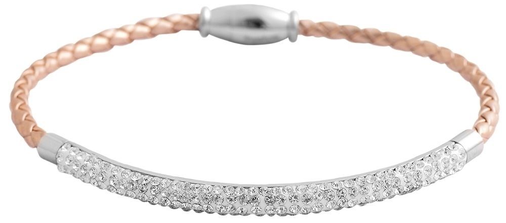 Akzent Armband aus geflochtenem Lederimitat und Edelstahlelementen, Similibesatz, beige/silberfarben