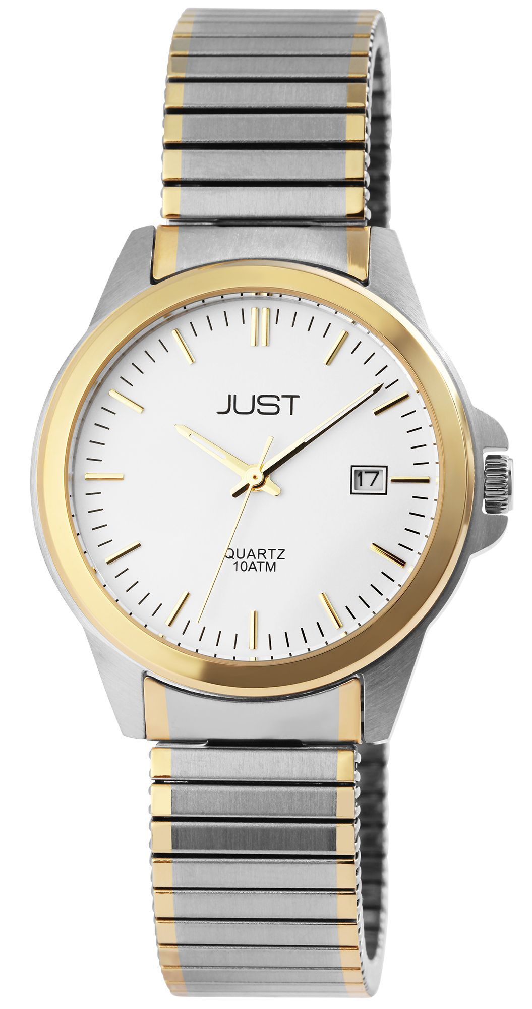 Just Edelstahl Herrenarmbanduhr mit Zugarmband, 3-Zeiger, Datumsanzeige, bicolor, silberfarbenes ZB