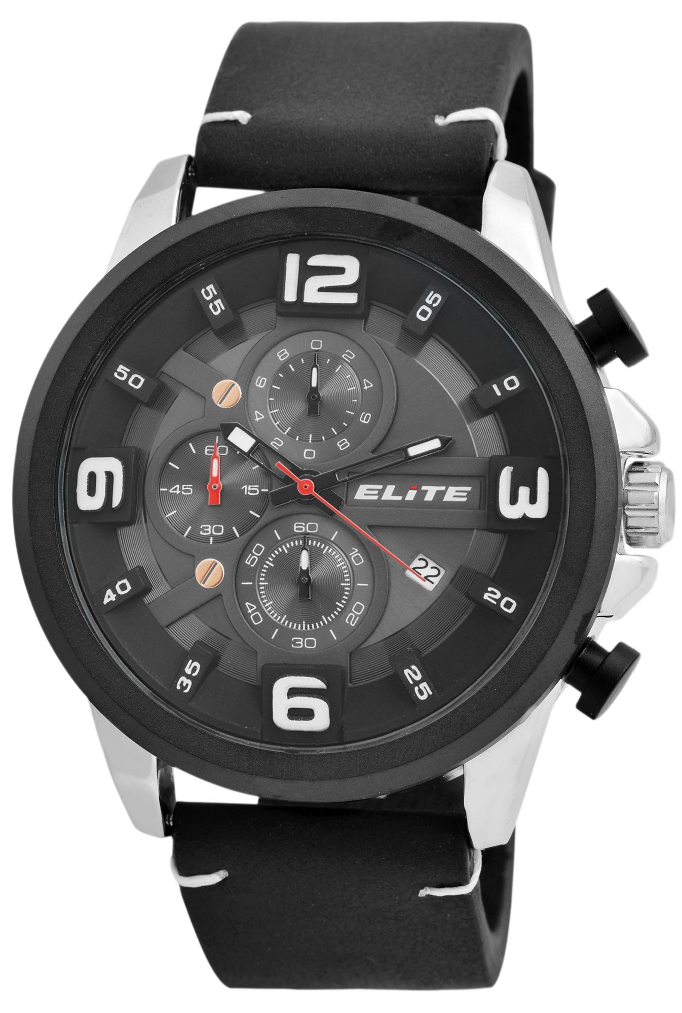 Elite Herren Chronograph mit Lederimitationsband, 3ATM, Schwarz