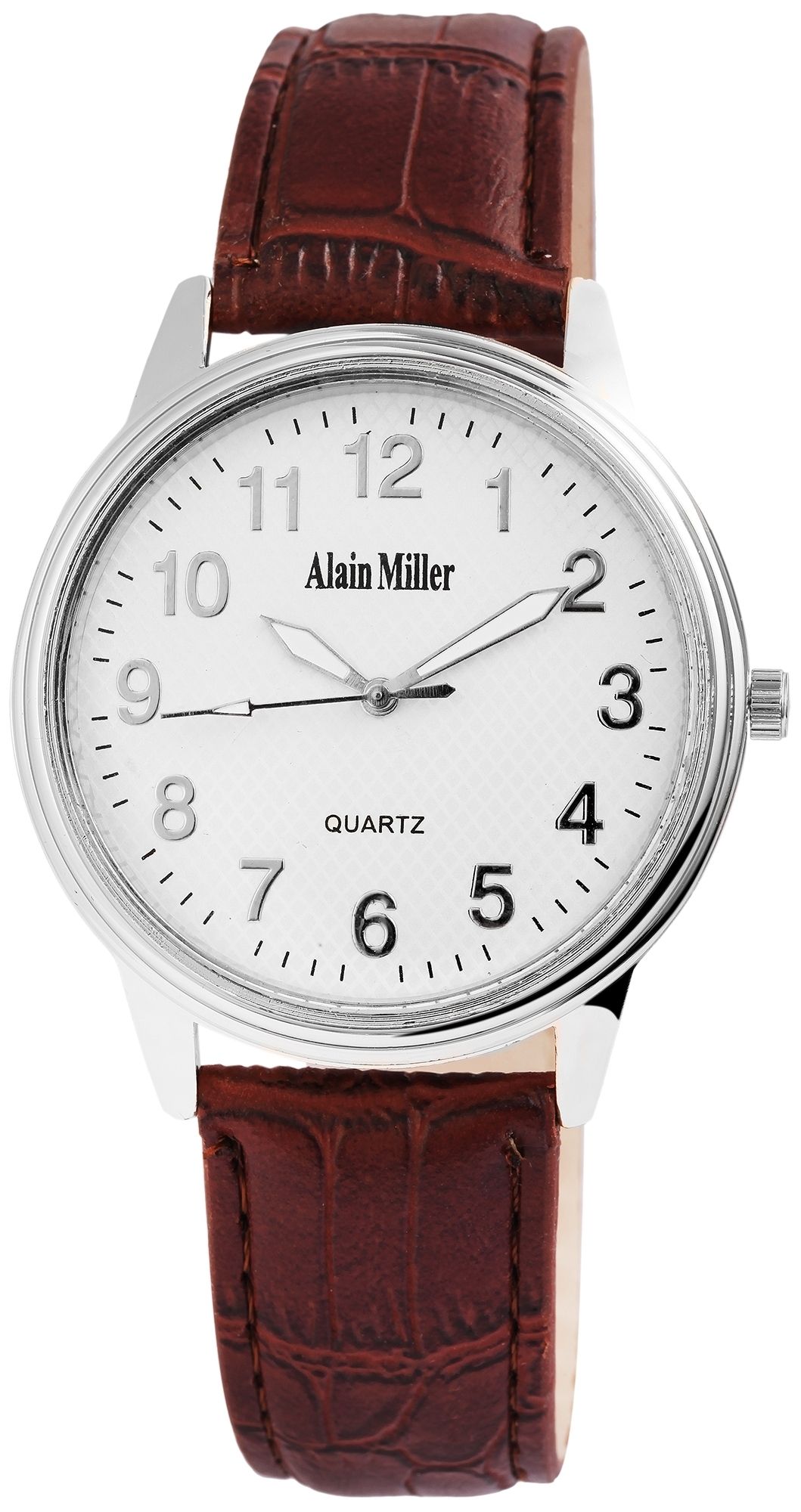 Alain Miller Herrenarmbanduhr mit Lederimitationsarmband, silberfarben/braun