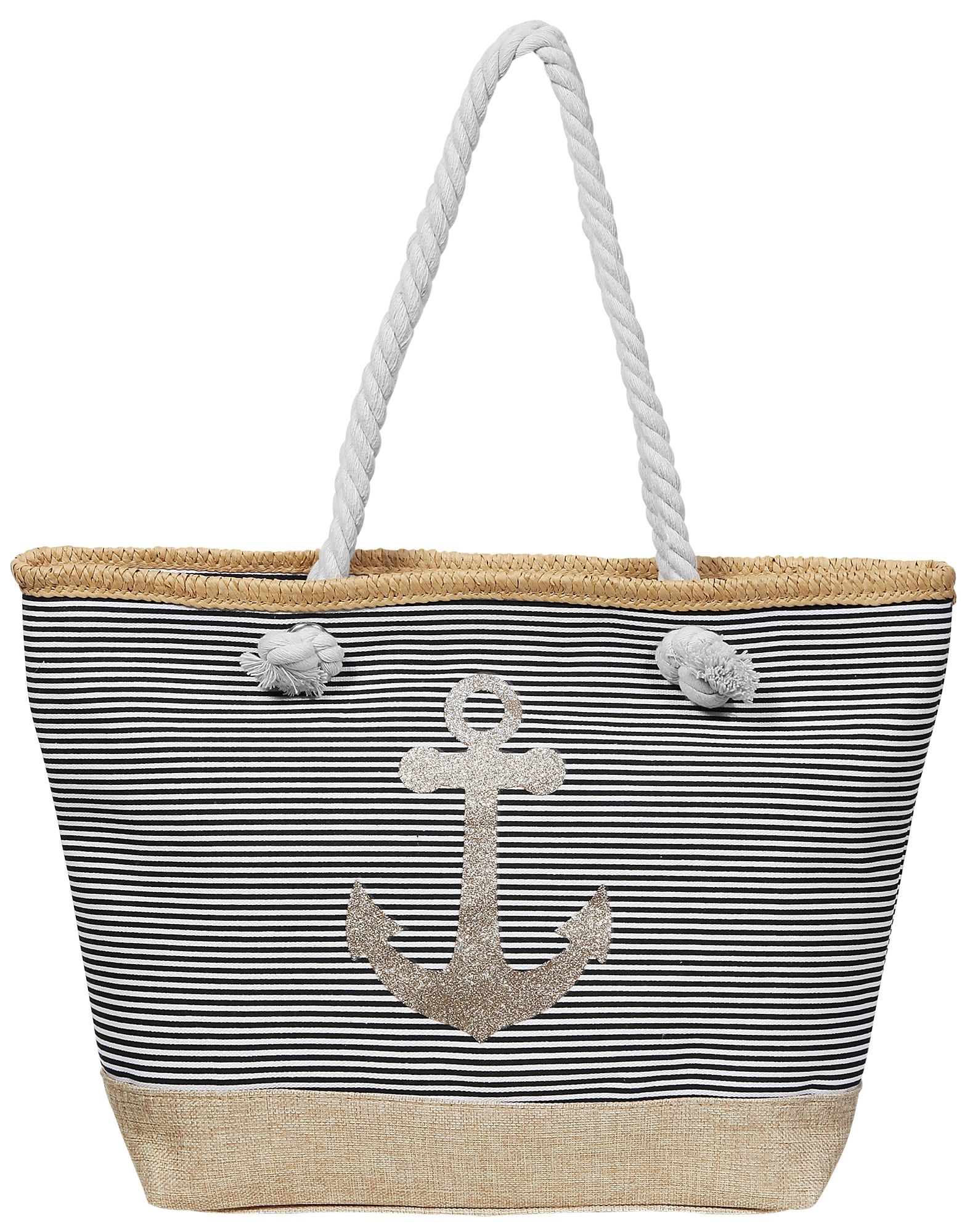 Damen Handtasche aus Textil mit Anker Motiv, Maße: 49 x 34 x 13,5 cm, Schwarz/ Gold