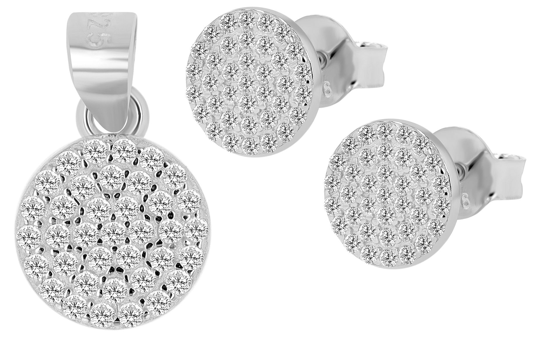 "Niha" 925/- Echt Silber Schmuckset - Plättchen Ohrstecker + Anhänger, Zirkonia, rhodiniert