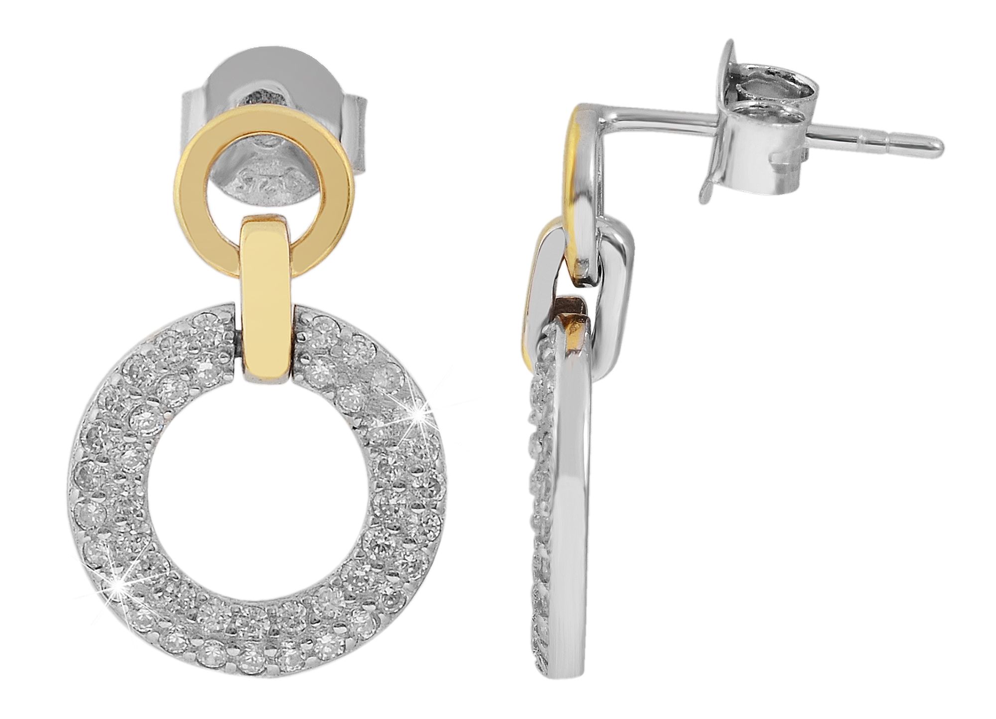925/- Echt Silber Ohrstecker "Leandra" mit runden Elementen und Zirkoniabesatz, bicolor, 925/rhodiniert