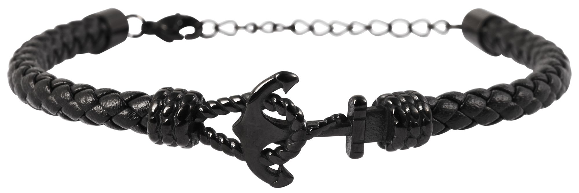 Akzent Echtlederarmband mit Edelstahlelement Anker, schwarz/schwarz