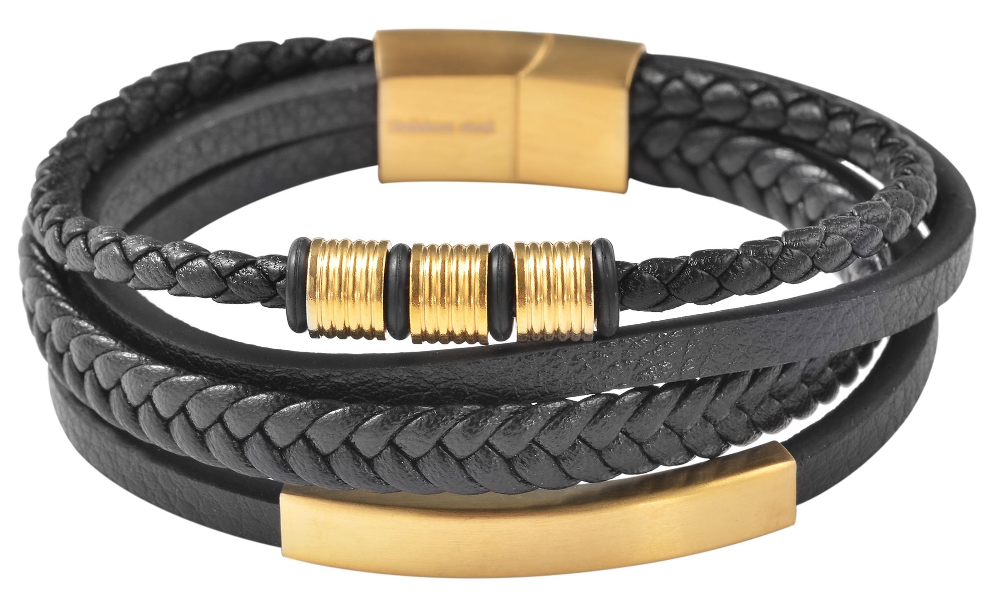 Akzent Armband aus Lederimitation mit Edelstahlelementen, Ionenplattiert, schwarz/goldfarben, 19 cm