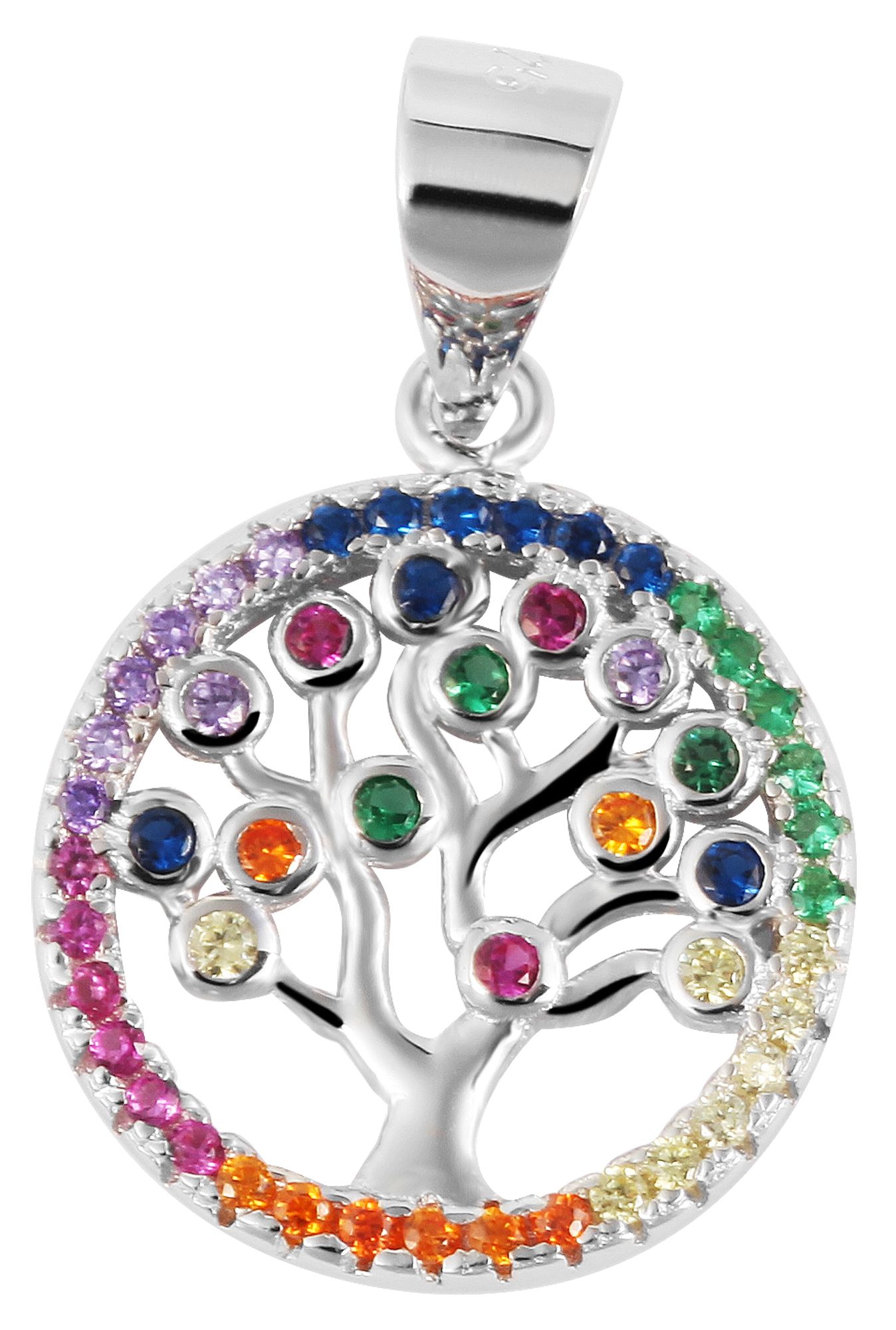 925/- Echt Silber Anhänger ohne Kette "Senta", Lebensbaum mit buntem Zirkoniabesatz, 925/rhodiniert