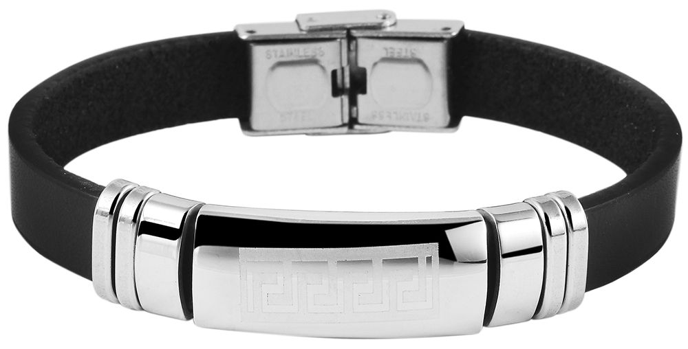 "Trajan", Akzent Armband, Echtleder & Edelstahl, Mäander, schwarz/silberfarben, 21,7 cm