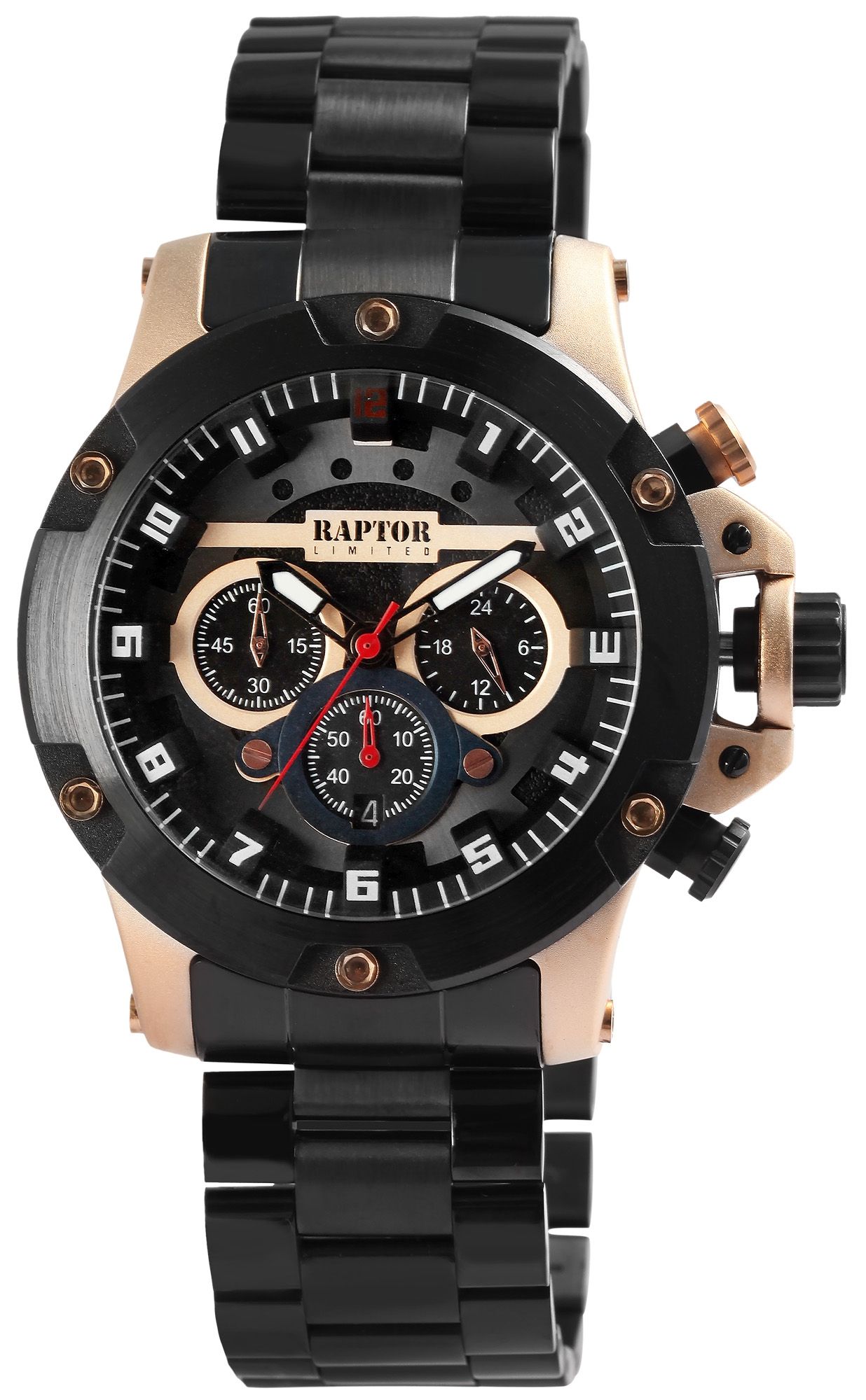 Raptor Limited Herrenchronograph "Soheib" mit Edelstahlarmband, schwarz/roségoldfarben