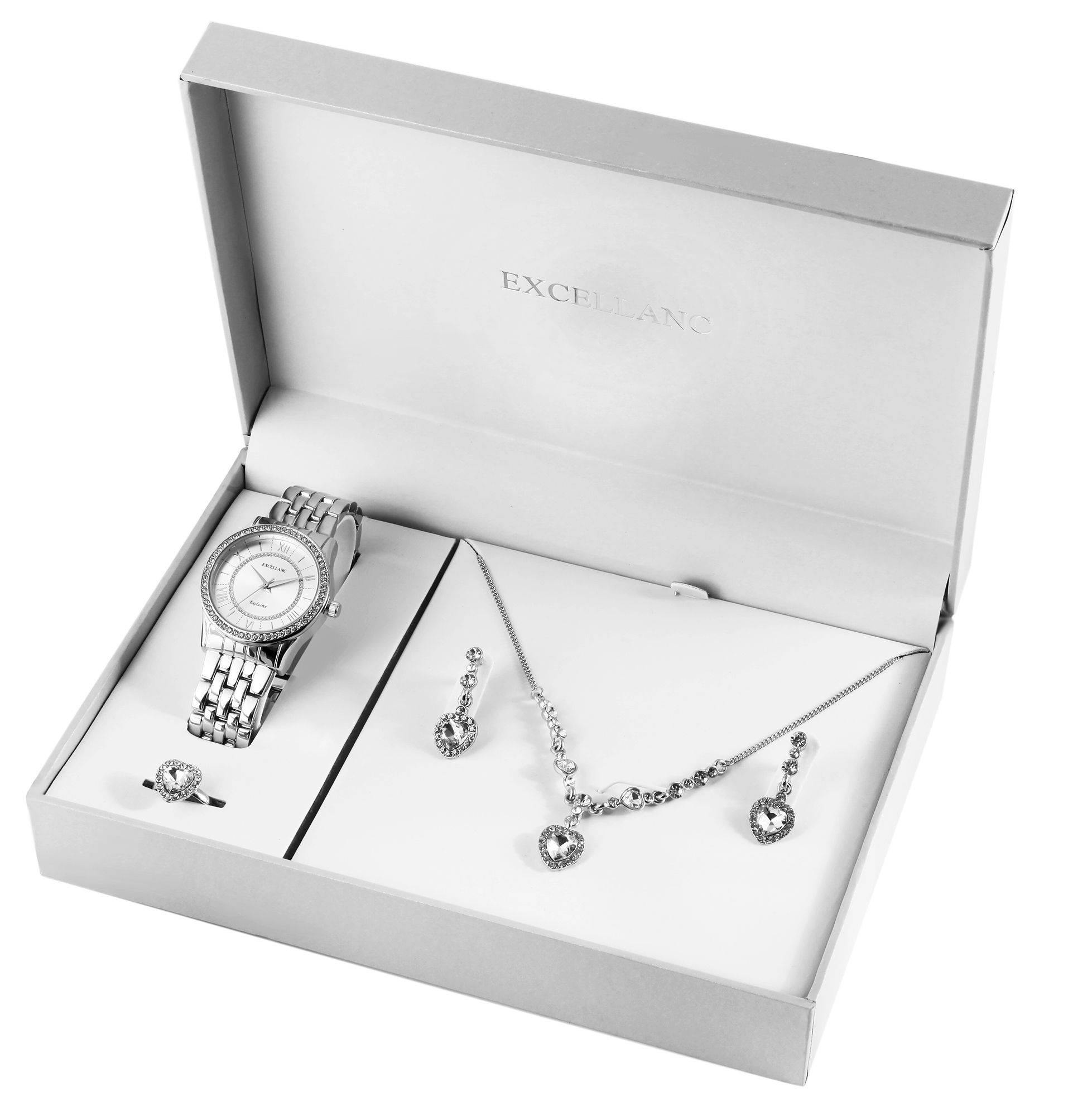 Excellanc Damen Geschenkeset mit Uhr, Halskette, Ring und Ohrringen, silberfarben/weiß