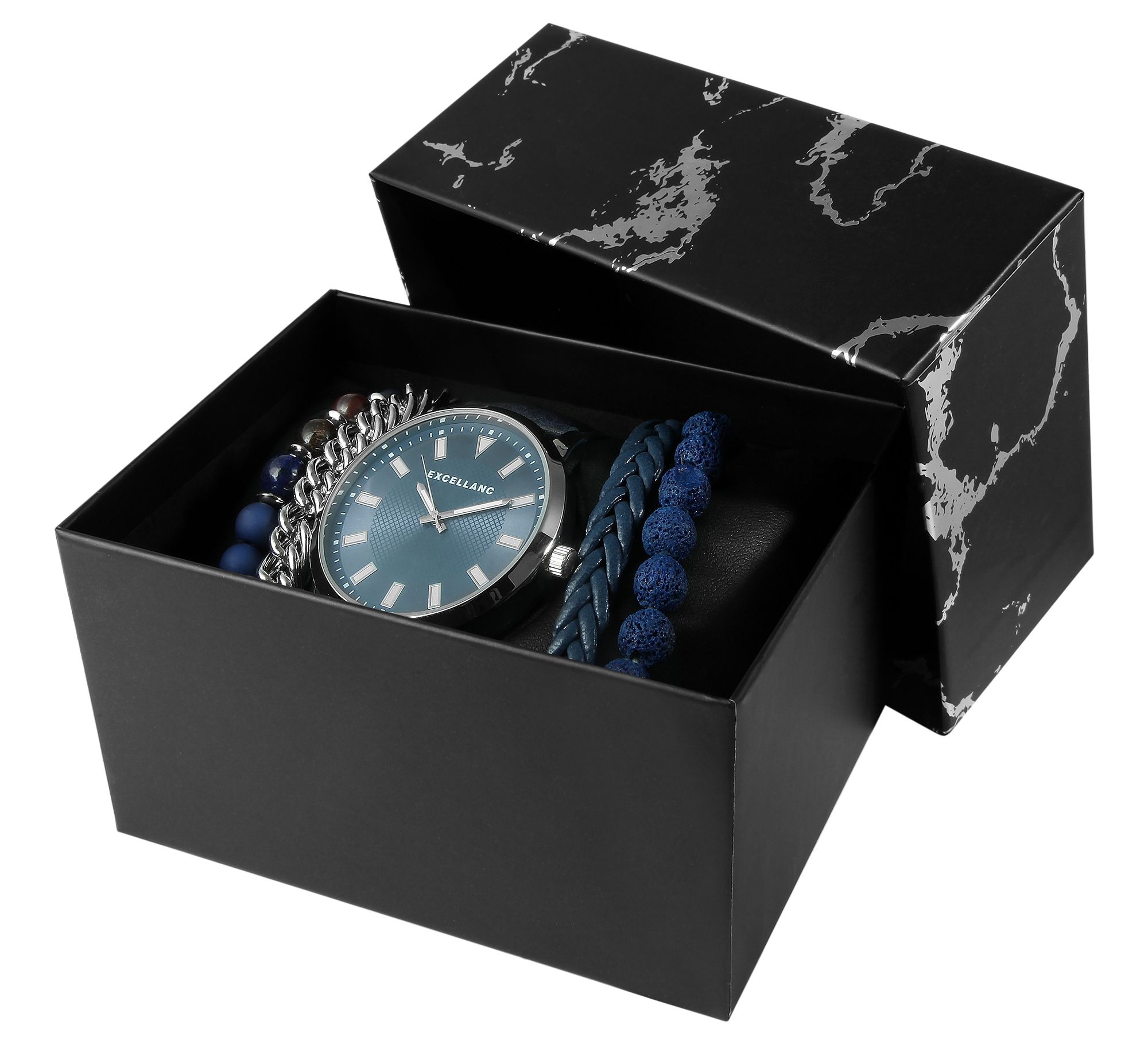 Excellanc Geschenkset mit Herrenarmbanduhr und vier Armbändern, blau/silberfarben