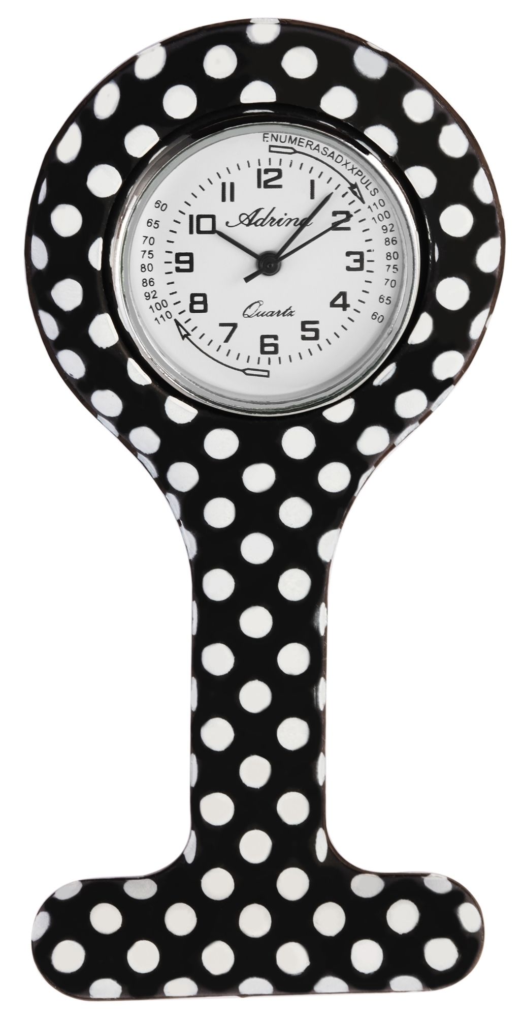 Adrina Krankenschwesteruhr aus Silikon, schwarz/weiß gepunktet