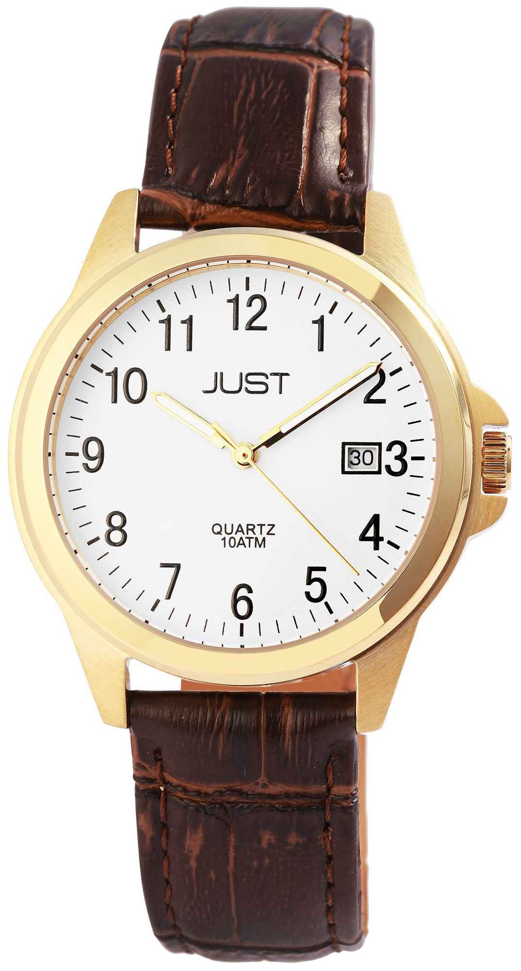 Just Echtleder Herrenarmbanduhr, 3-Zeiger, Datumsanzeige, dunkelbraun/goldfarbig