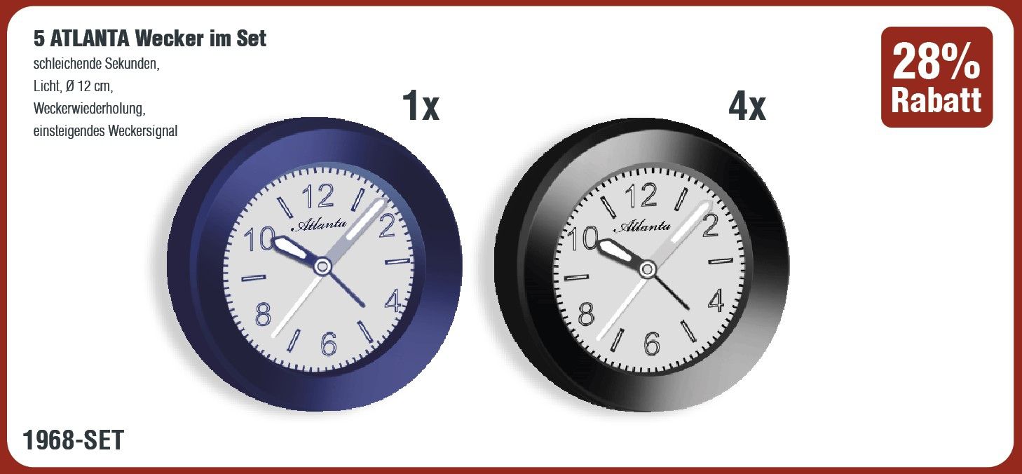 Quartzwecker, schleichende Sekunde, Repetition, Licht, Crescendo, ø 12 cm, 5 Stück, 4x schwarz, 1x blau