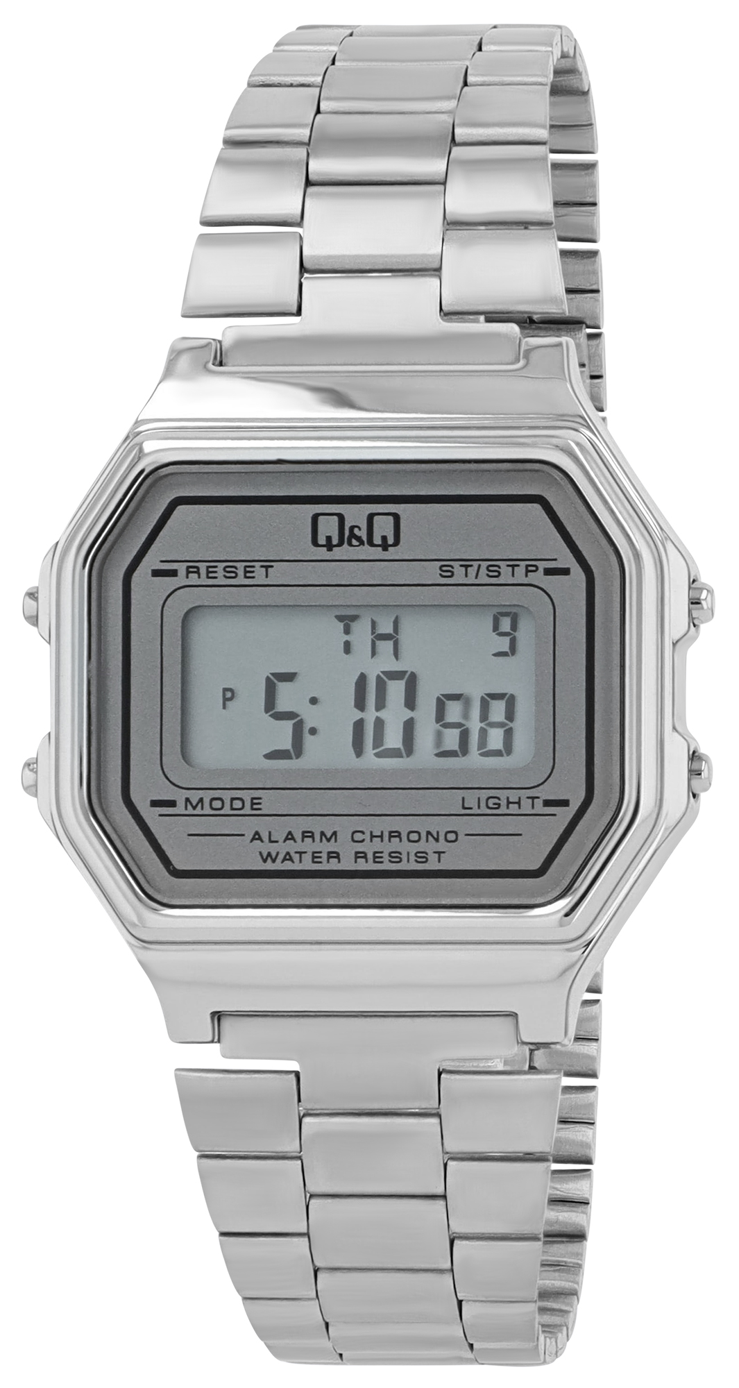 Q&Q LCD Digitaluhr für Herren-/ Jugendliche, Edelstahlband, silberfarben