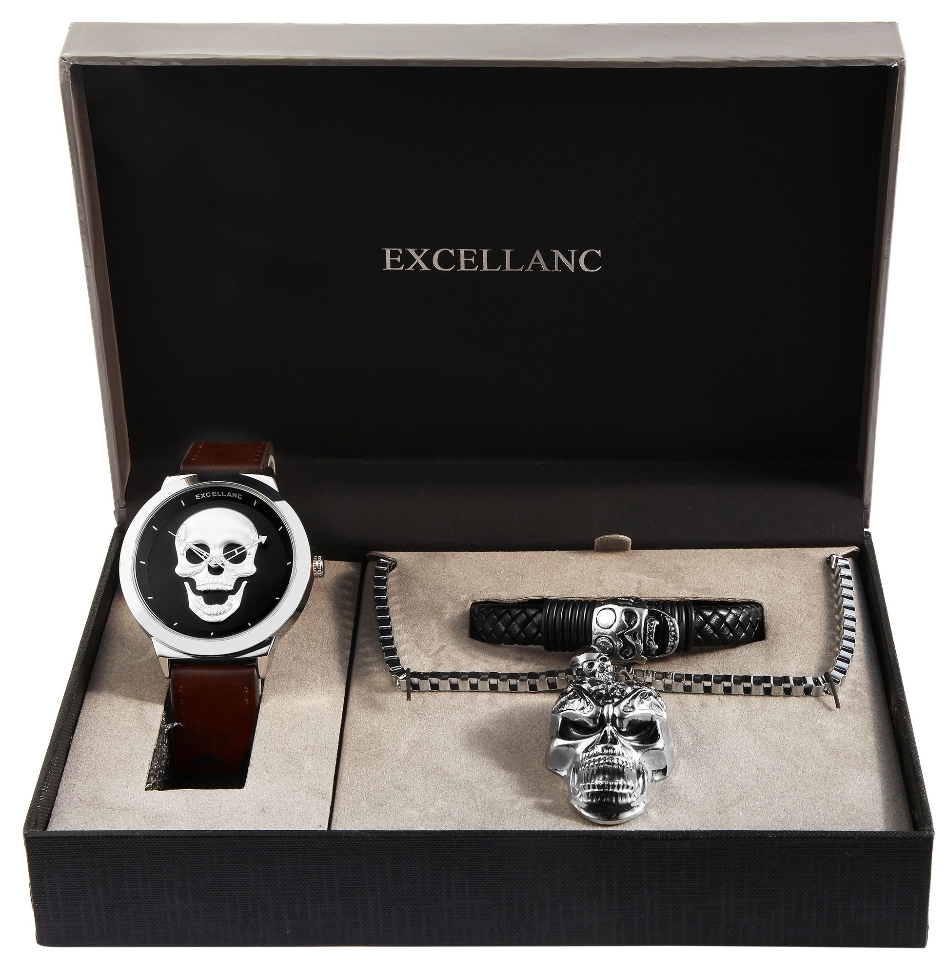 Excellanc Geschenkset, Herrenuhr, Kette und Armband, braun/schwarz/silberfarben