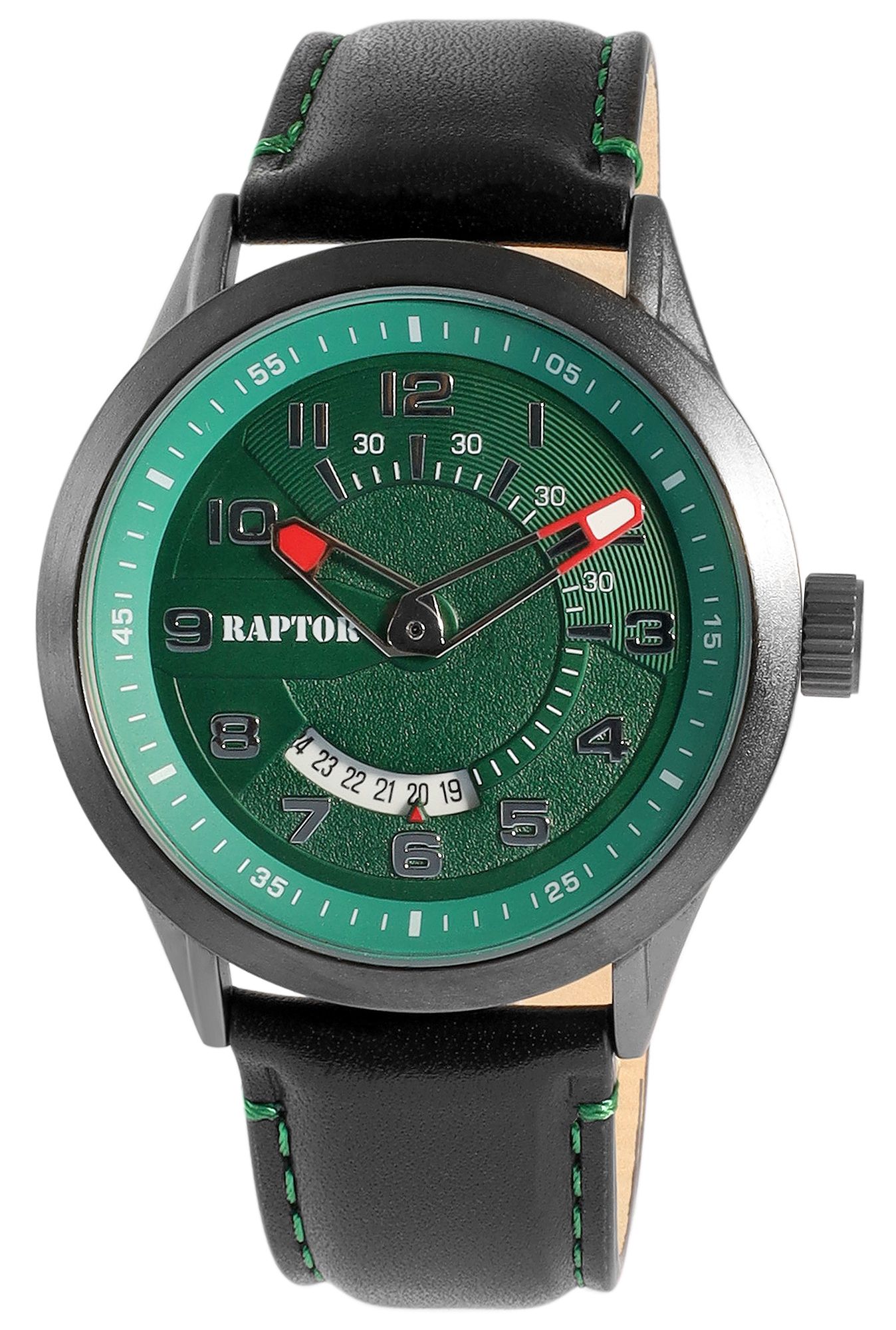 Raptor Herrenuhr "Yava" mit Lederarmband, Datumsanzeige, 5 ATM, schwarz/grün