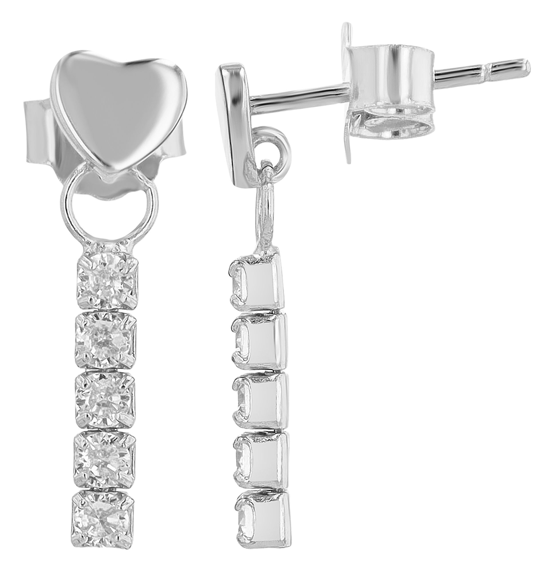 "Naruko" 925/- Echt Silber, Herz Ohrstecker mit Hänger, Zirkonia, silberfarben rhodiniert