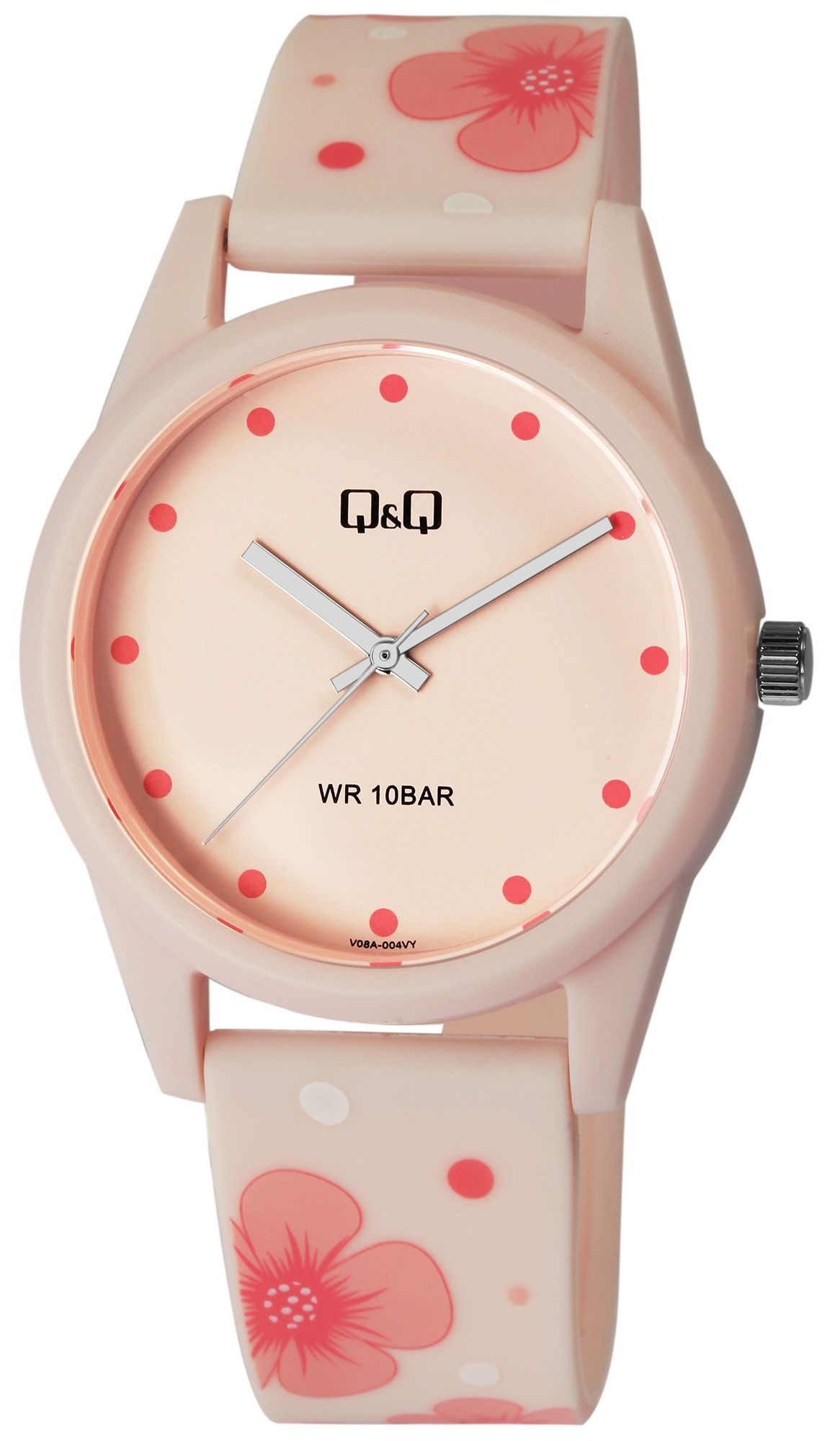 Q&Q Damenuhr mit Silikonarmband, Ø 39 mm, rosa/ Blumendesign